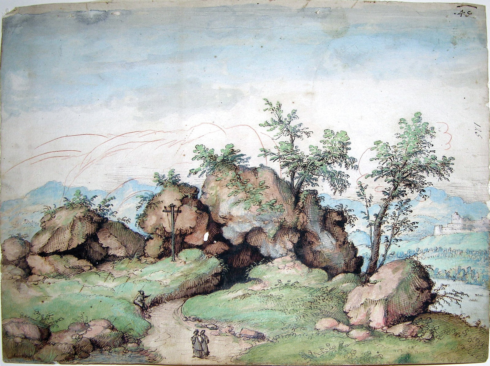 Charardo Cibo Original Watercolor - Travellers approaching a rock formation, a mountainous river (1 of 1)