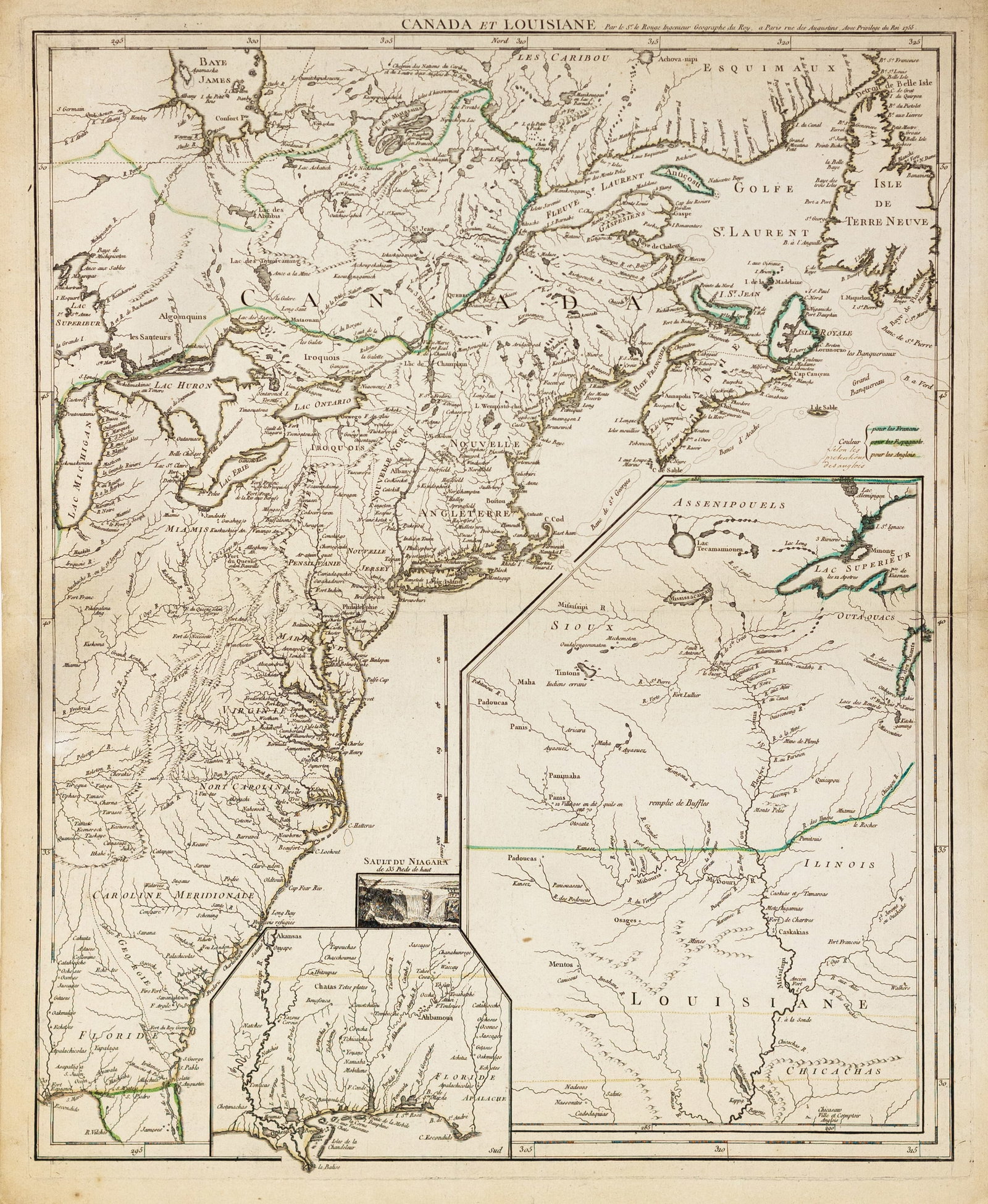 Le Rouge's Engraved Map of Canada et Louisiane, 1755: LE ROUGE, George-Louis (1712-1790). Canada et Louisiane. Engraved map. Paris, 1755. 26" x 21 1/4" sheet. This important map was issued at the outbreak of hostilities in the French and Indian War. The 