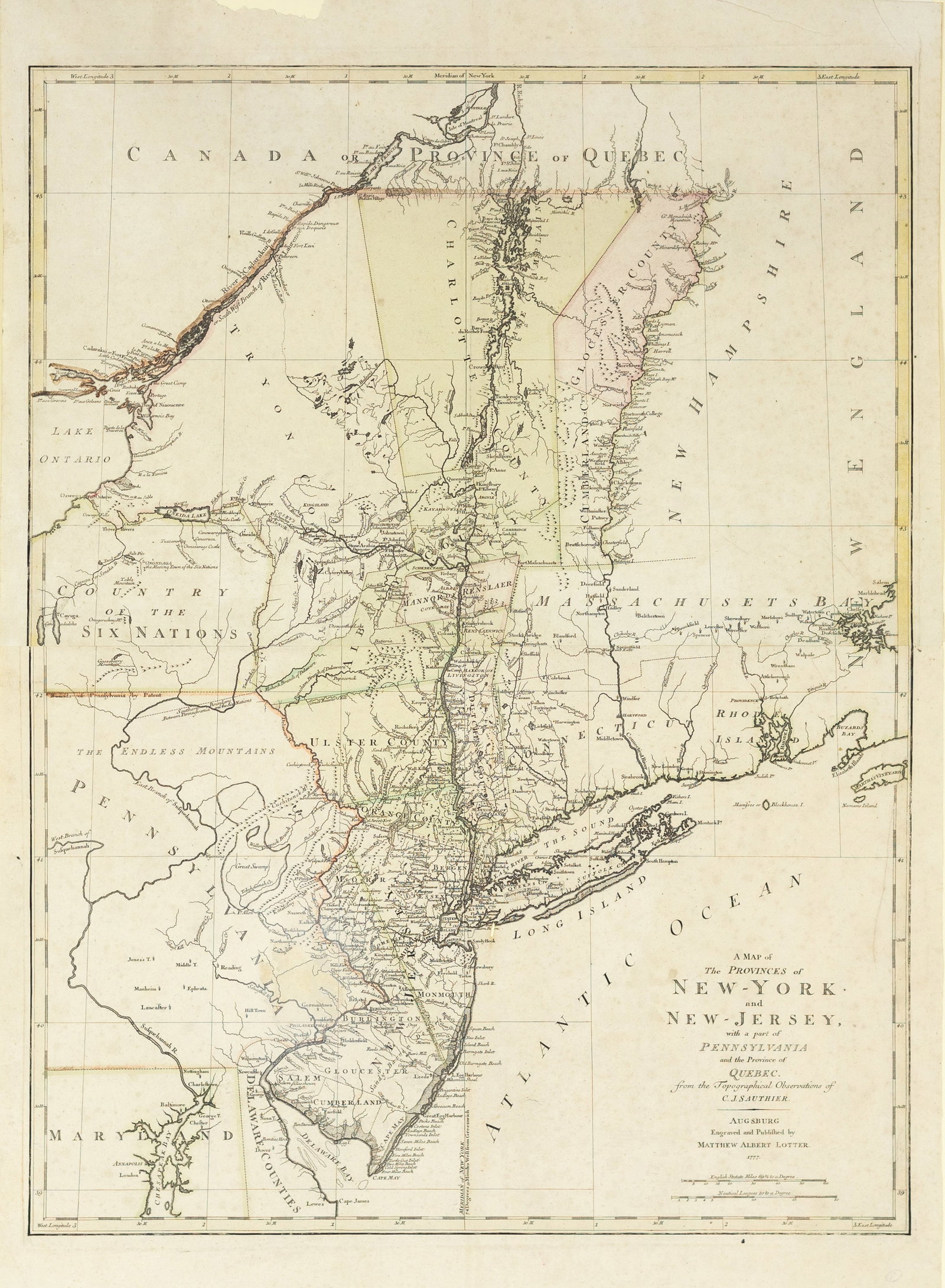 Lotter's Map of the Provinces of New York and New Jersey, 1777: LOTTER, Matthew Albert (1741-1810). A Map of the Provinces of New York and New Jersey with a Part of Pennsylvania and the Province of Quebec. Engraved map. Augsburg, 1777. 33" x 23 1/2" sheet. Lotter'