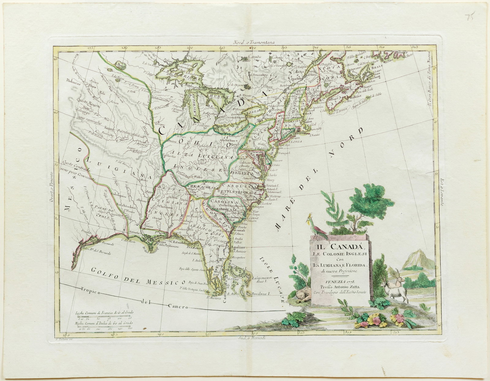 Zatta's Italian Engraved Map of North America and Canada, 1778: ZATTA, Antonio (fl. 1757-1797). Il Canada, Le Colonie Inglesi con La Luigiana, E Florida... Engraved map with original hand color. Venice, 1778. 15 1/4" x 19 7/8" sheet. This finely engraved Revolutio