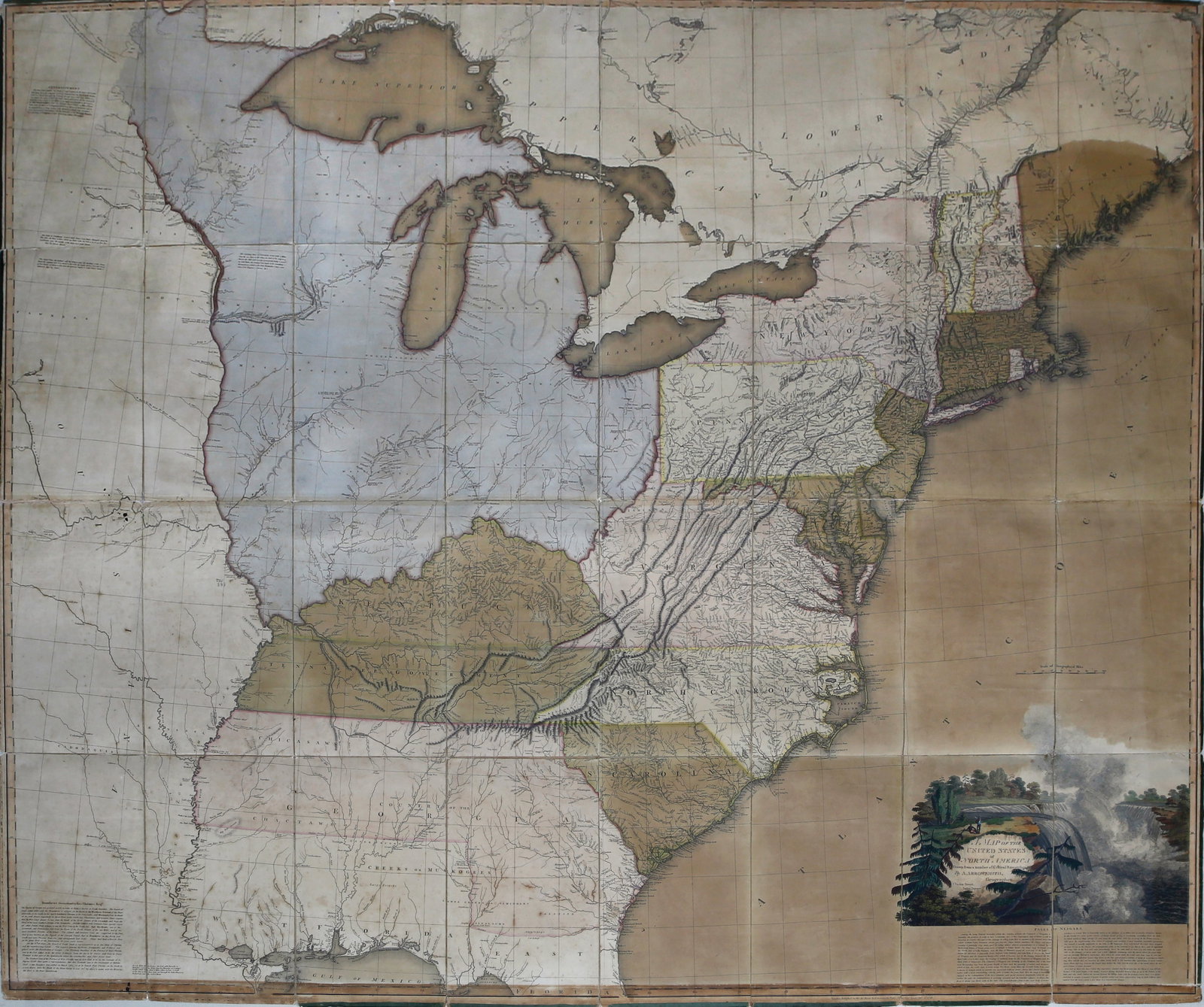 Aaron Arrowsmith's A Map of the United States of North America, 1796 - First edition, first issue: ARROWSMITH, Aaron (1750-1823). A Map of the United States of North America... Engraved map with original hand color, dissected in 36 parts and mounted on linen. London: Arrowsmith, 1796. First Edition