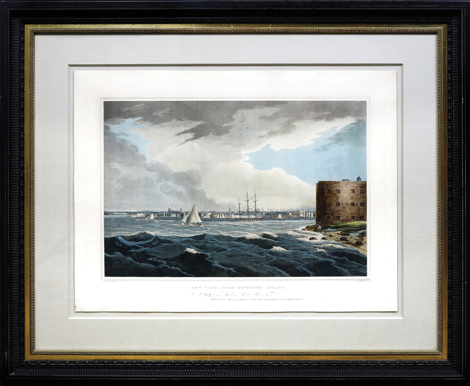 Hill & Wall's Aquatint of New York from Governor's Island - The most desirable image from the famous: HILL, John (1770-1850), After William G. WALL (1792-1864). New York, from Governors Island / No. 20 of the Hudson River Port Folio. Aquatint engraving with original hand color. New York: Henry I. Mega