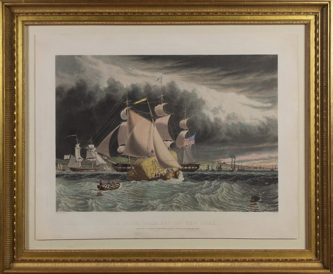 Bennett's Aquatint A Brisk Gale, Bay of New York - Bennett was the Master of the Aquatint View: BENNETT, William James (1787-1844). A Brisk Gale, Bay of New York. Aquatint engraving with original hand color. New York: W. J. Bennett, 1839. 19" 25" sheet, 29 1/2" x 36" framed. Bennett was the Mast