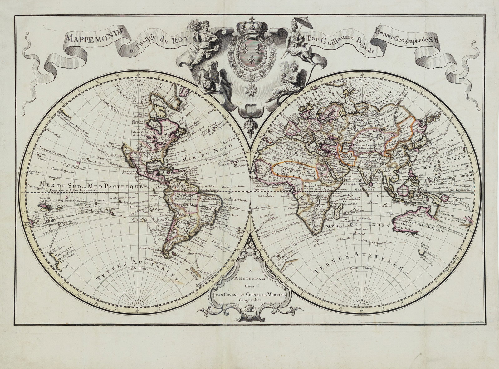 Covens & Mortier's Double-Hemisphere World Map, 1730: COVENS, Johannes (1697-1774) and Cornelius MORTIER (1699-1783). Mappemonde a l'usage du Roy Par Guillaume Delisle Premier-Geographe de S.M... Engraved map. Amsterdam, ca. 1730. 21 1/8" x 27 3/4" sheet