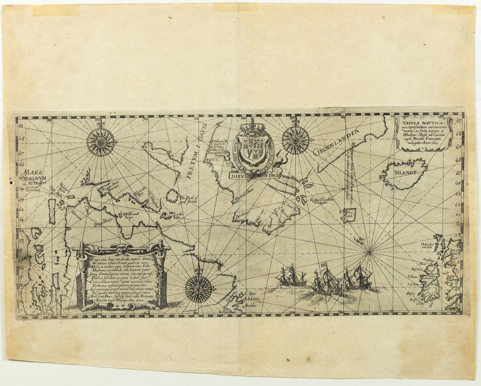 De Bry's Engraved Map of Henry Hudson's Final Sea Chart, One of the First Maps to Show Hudson Bay. (1 of 1)