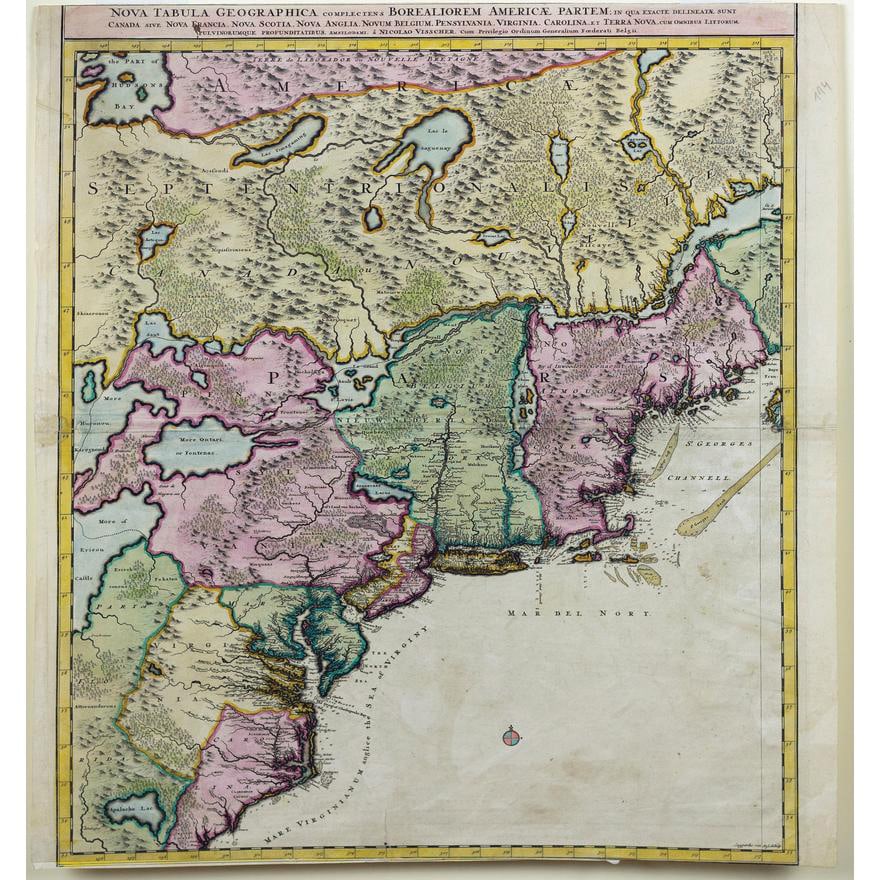 Visscher's Map of Northern America showing Canada: VISSCHER, Nicolaes (1618-1679). Nova Tabula Geographica complectens Borealiorem Americae Partem... Engraved map with original hand color. Amsterdam, c. 1696. 23 1/4" x 20 1/8" sheet.