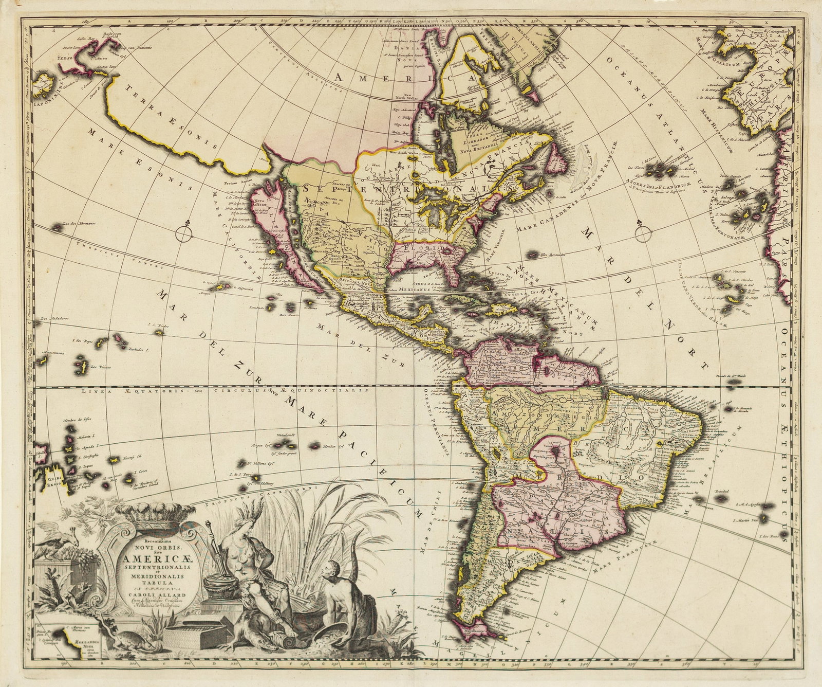 Danckerts Map of North and South America: DANCKERTS, Justus (1635-1701). Recentissima Novi Orbis Sive Americae Septentrionale et Meridionalis. Engraved map. Amsterdam, ca. 1696 [Second State]. 20 7/8" x 24" sheet. A superb map of the Americas