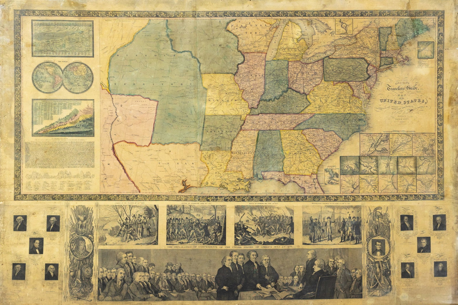 Ensign's Traveller's Guide and Map of the United States, Showing Texas as an Independent Nation: Ensign's Traveller's Guide and Map of the United States...1845. Lithographed map with original hand color. New York: Ensign, 1845. 27 1/2" x 40 1/2" sheet. Showing Texas as an Independent Nation. With