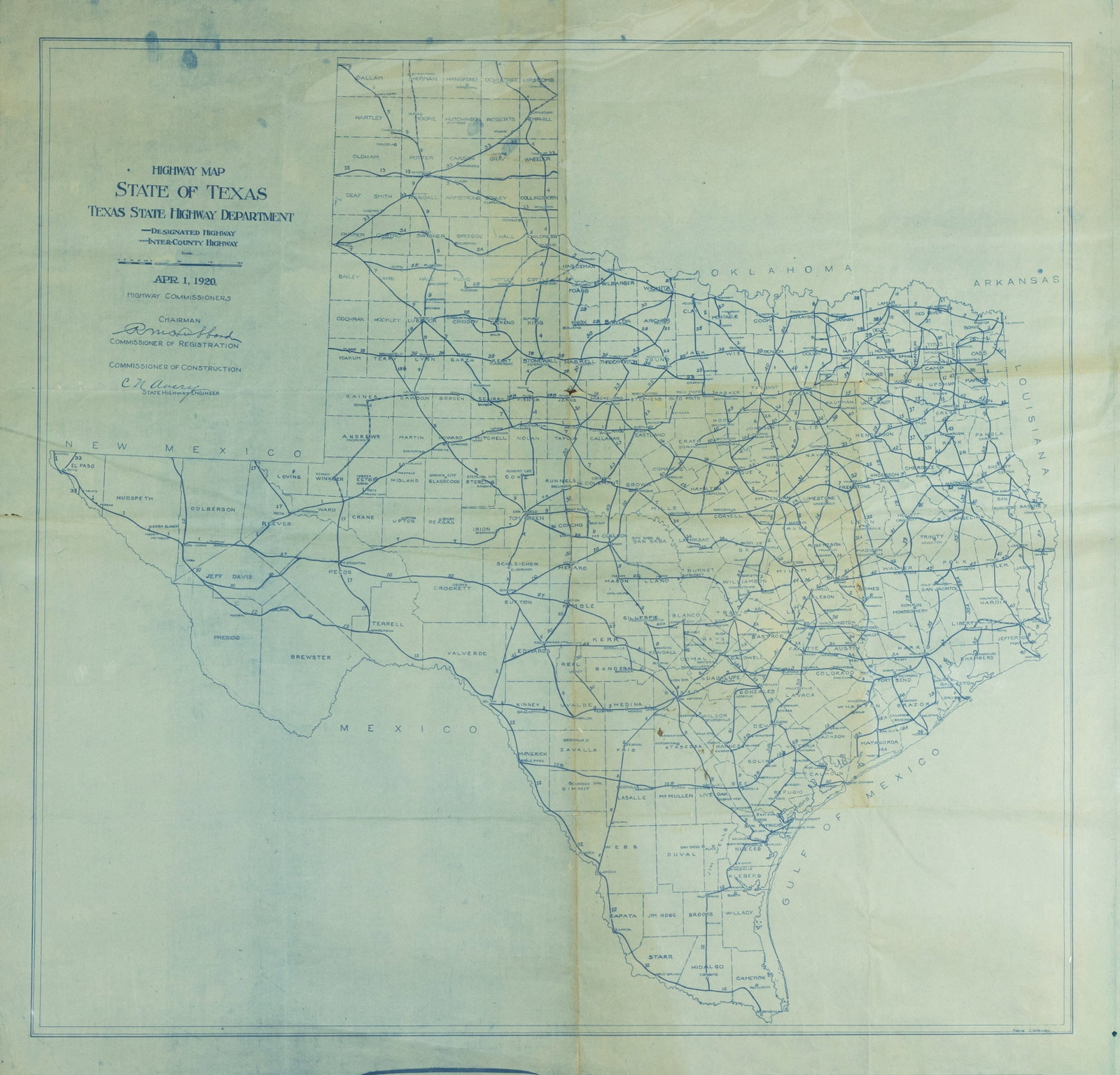 Highway Lithographed Map State of Texas on blue paper, 1920 (1 of 1)