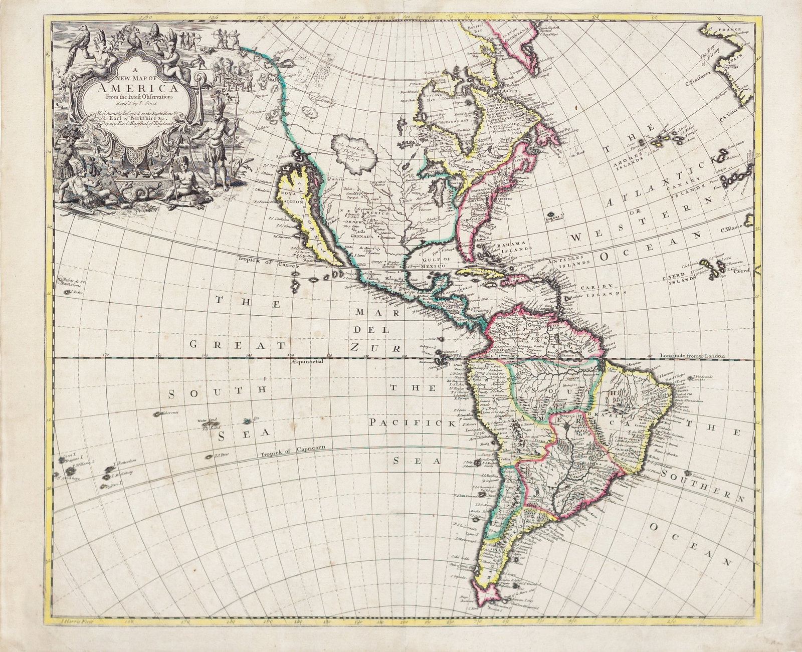 Senex's Map of America, 1719: SENEX, John (1678-1740). A New Map of America from the latest observations. Engraved map with original hand color. London, 1719. 20 3/4" x 25 1/4" sheet. This detailed map of the Americas by John Sene