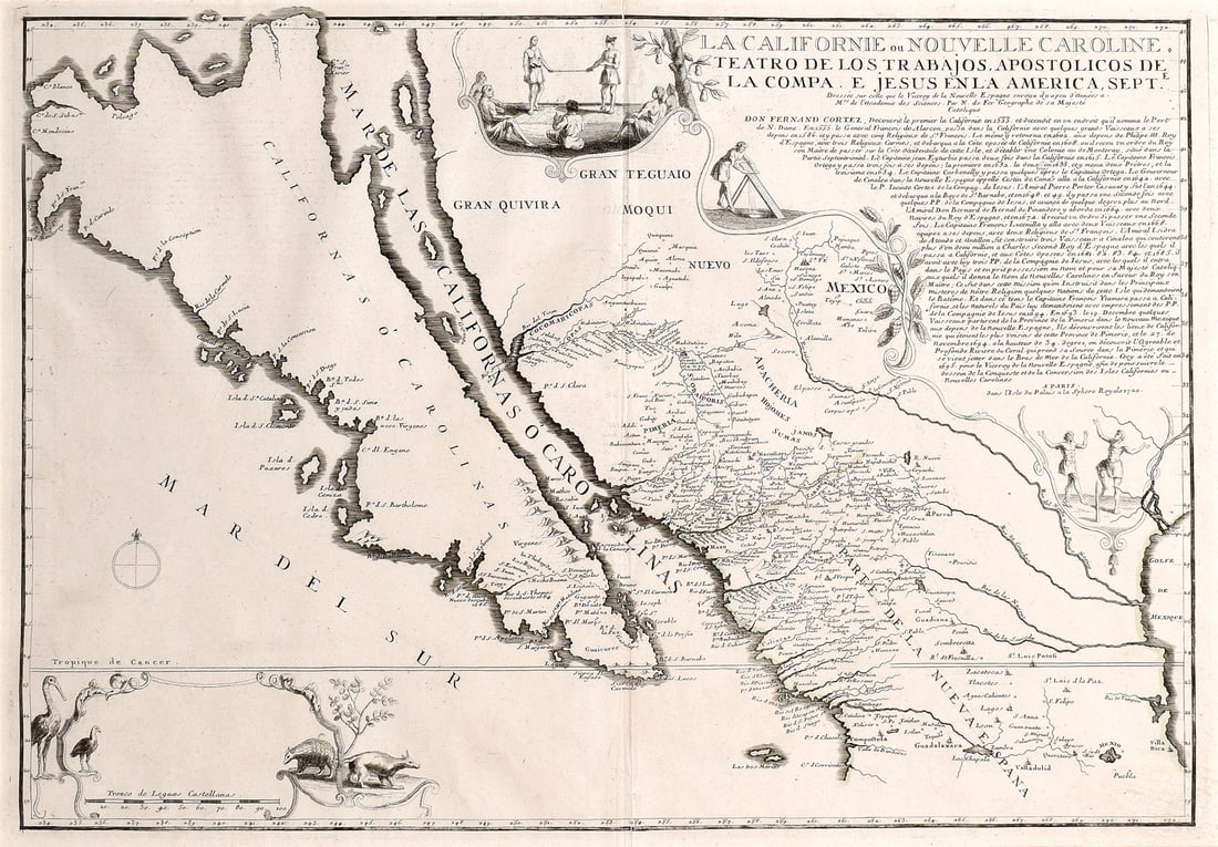 De Fer's La Californie ou Nouvelle Caroline, 1720 showing California as an Island: DE FER, Nicholas (1646-1720). La Californie ou Nouvelle Caroline... Engraved map. Paris, 1720. 19? x 26? visible, 30 1/2? x 38 1/4? framed. An impressive map depicting California as an island on one o