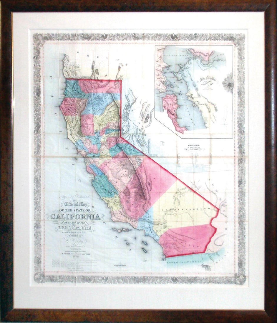 Eddy's Map of California, 1854 - The Extremely Rare First "Official Map" of the State of California: EDDY, William M. (19th Century). Approved and Declared to be the Official Map of the State of California by an Act of the Legislature Passed March 25th 1853. Lithograph map with original hand color. N