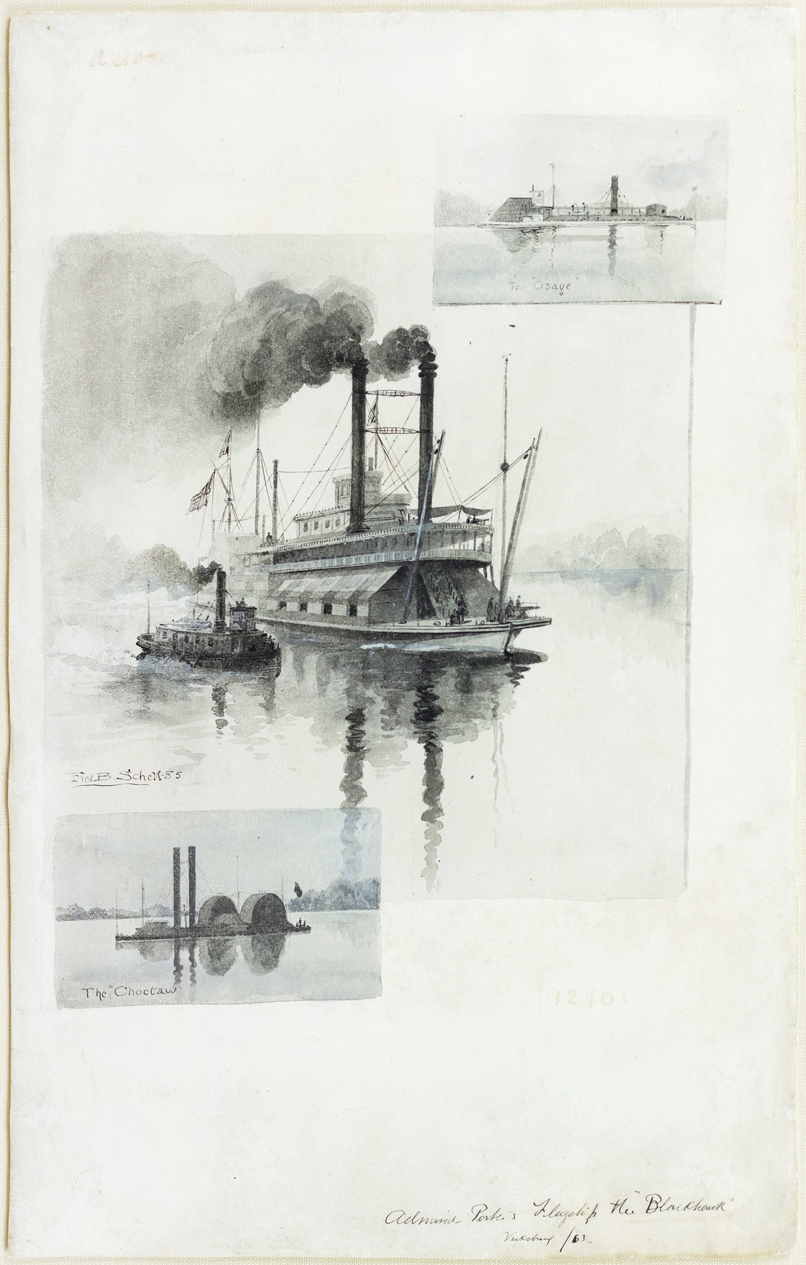 Fred Schell Civil War Naval Drawing, 1863: SCHELL, Fred B. (1834-1909). [Civil War Naval Drawing]. The "Osage" / Admiral Porter's Flagship, The "Blackhawk" / The "Choctaw", Vicksburg 1863. Watercolor and ink on paper. 18" x 12" sheet, 28 1/2" 