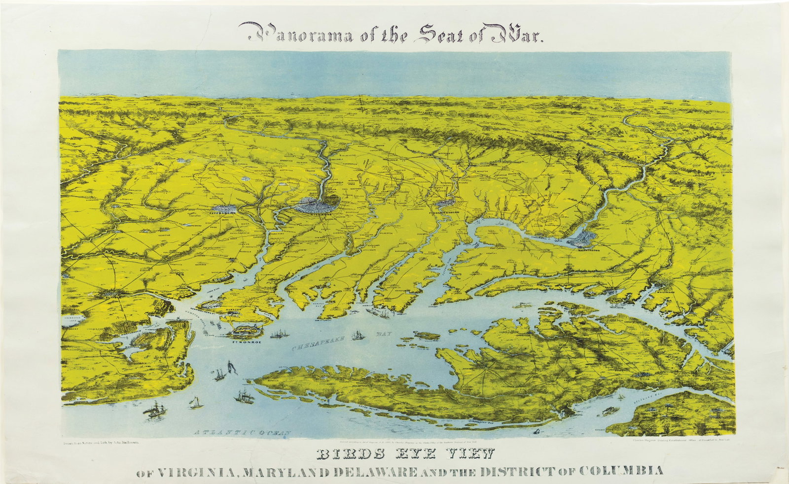 John Bachmann's Panorama of the Seat of War, Virginia: BACHMANN, John (American 1814-1896). Panorama of the Seat of War.. Bird's eye view of Virginia, Maryland Delaware, and the District of Columbia... Chromolithograph. New York: Charles Magnus, c. 1864. 