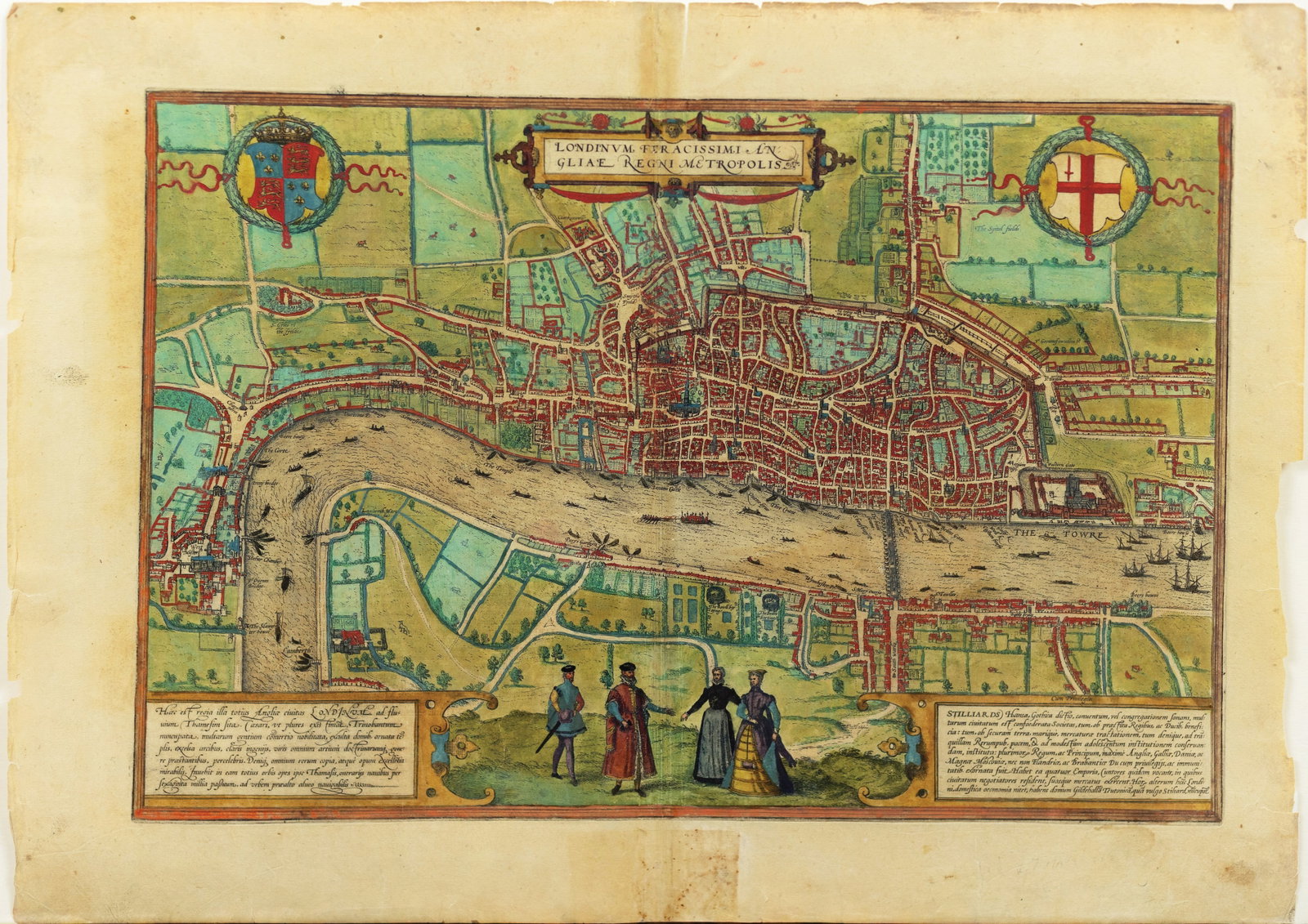 Braun & Hogenberg City View, London: BRAUN, Georg (1541-1622) & HOGENBERG, Frans (1535-1590). [London, England], Londinum... Engraved map with original hand color. From Civitas Orbis Terrarum, Cologne, c. 1588. 16 3/4" x 22 1/2" sheet. T