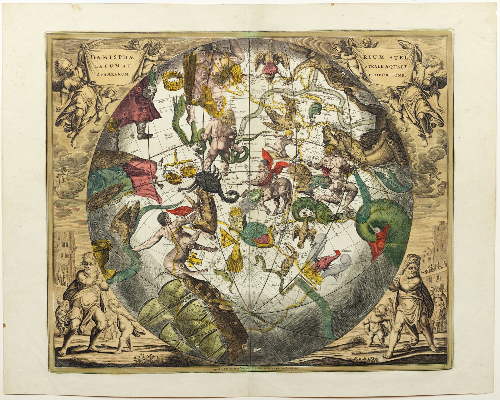 Cellarius Celestial Map, Haemisphaerium stellatum Australe [Southwestern Hemisphere, Zodiac]: CELLARIUS, Andreas (ca 1596-1665). Haemisphaerium stellatum Australe Aequali Sphaerarum Proportione. Engraved maps with original hand color. Amsterdam: Valk & Schenk, 1708. 19 1/2" x 24 1/4" sheet. De