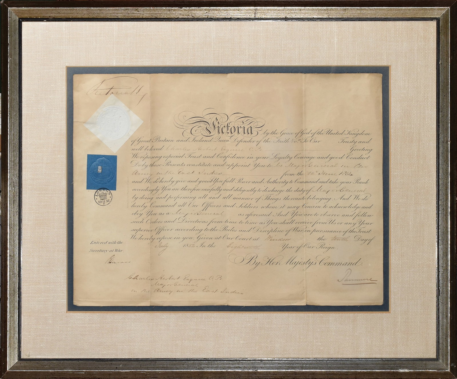 Charles Herbert Esquire Autograph, showing Queen Victoria of England appointing him as major general (1 of 1)