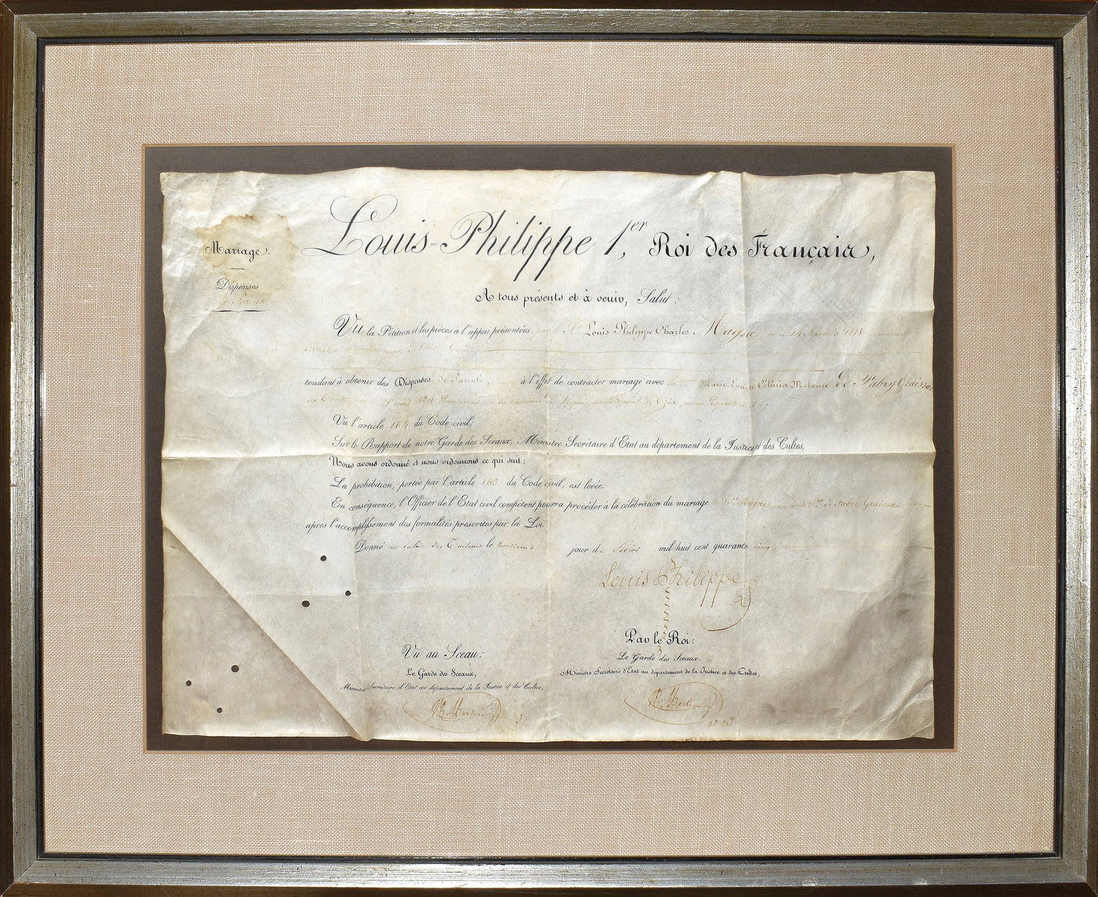 King Louis Philippe of France Autograph on a Marriage Certificate (1 of 1)