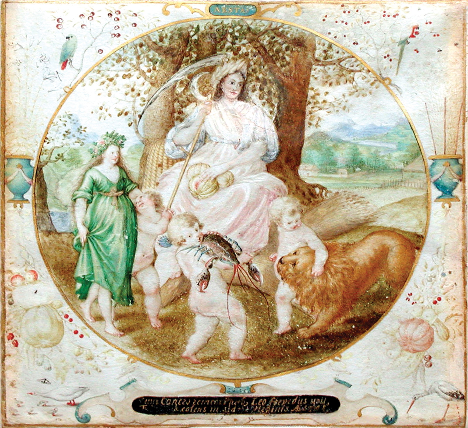 Jacob Hoefnagel original watercolor, Allegory of Summer: HOEFNAGEL, Jacob (Dutch, 1575-ca. 1630). Allegory of Summer. Pen and black ink and gouache heightened with gold on vellum. Inscribed upper center: AESTAS; and lower center: "Cum Cancor remeat Phoebus,