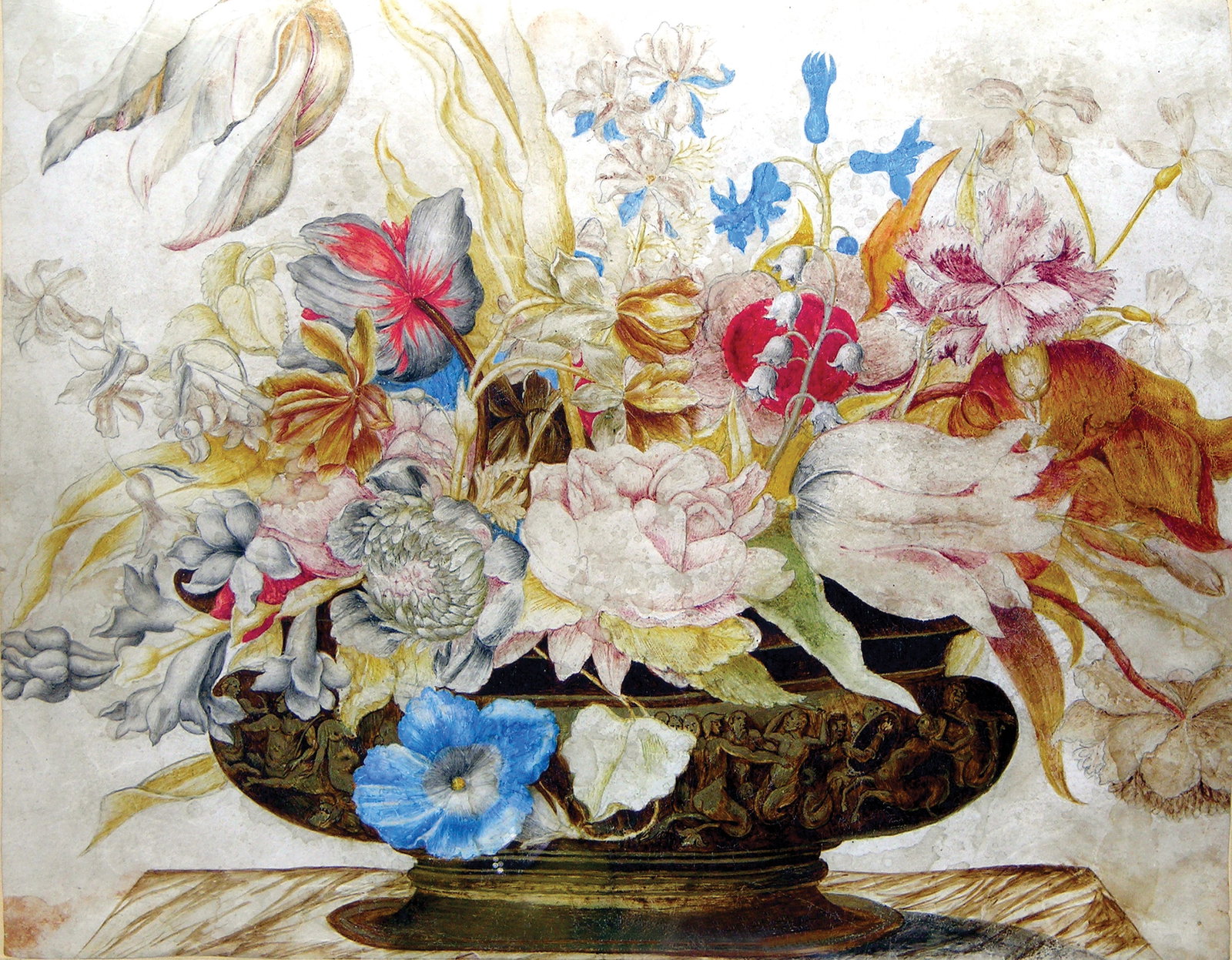Giovanna Garzoni Still-Life Watercolor, one of the most important woman painters in Italian art: GARZONI, Giovanna (Italian, 1600-1670). Still life with flowers in an elaborate vase. Tempera on vellum. 9 5/8" x 12 3/8" vellum, 18 1/4" x 21" framed. ------------------------------- Giovanna Garzoni