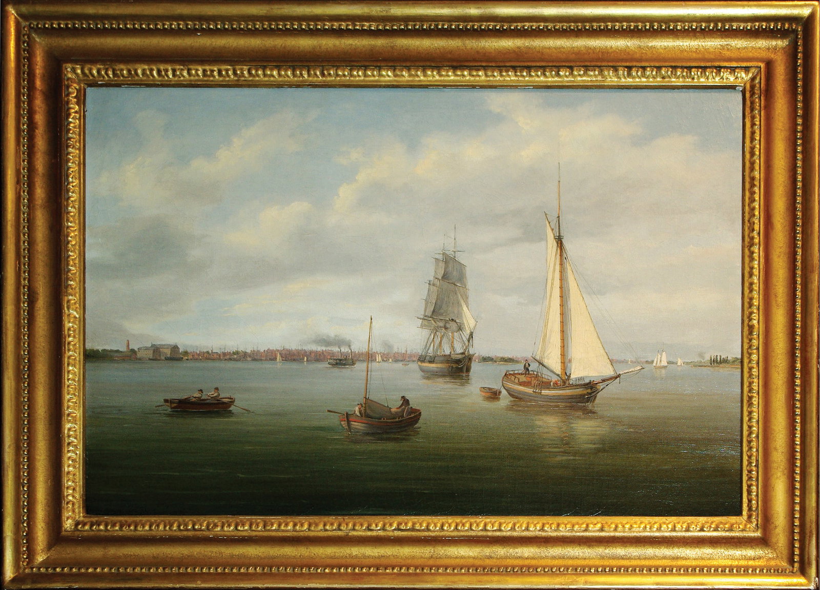 Thomas Birch Oil of Philadelphia showing the Old Navy Yard: BIRCH, Thomas (1779 - 1851). On the Delaware River, Philadelphia (Old Navy Yard). Oil on canvas. ca. 1840. Inscribed on stretcher: "City front Philadelphia Penna Delaware River Old Navy Yard in Distan