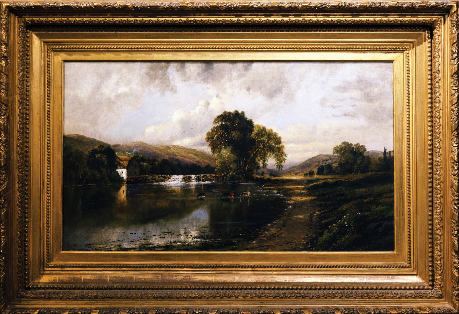 Edmund Lewis Oil Painting of a Mill on a River: LEWIS, Edmund D. (American 1835-1910). [Untitled] Mill on a river crossing (Likely Pennsylvania). Oil on canvas. 23 1/2" x 41 1/2" visible, 39" x 56 1/2" framed. Edmund Darch Lewis (October 17, 1835 �