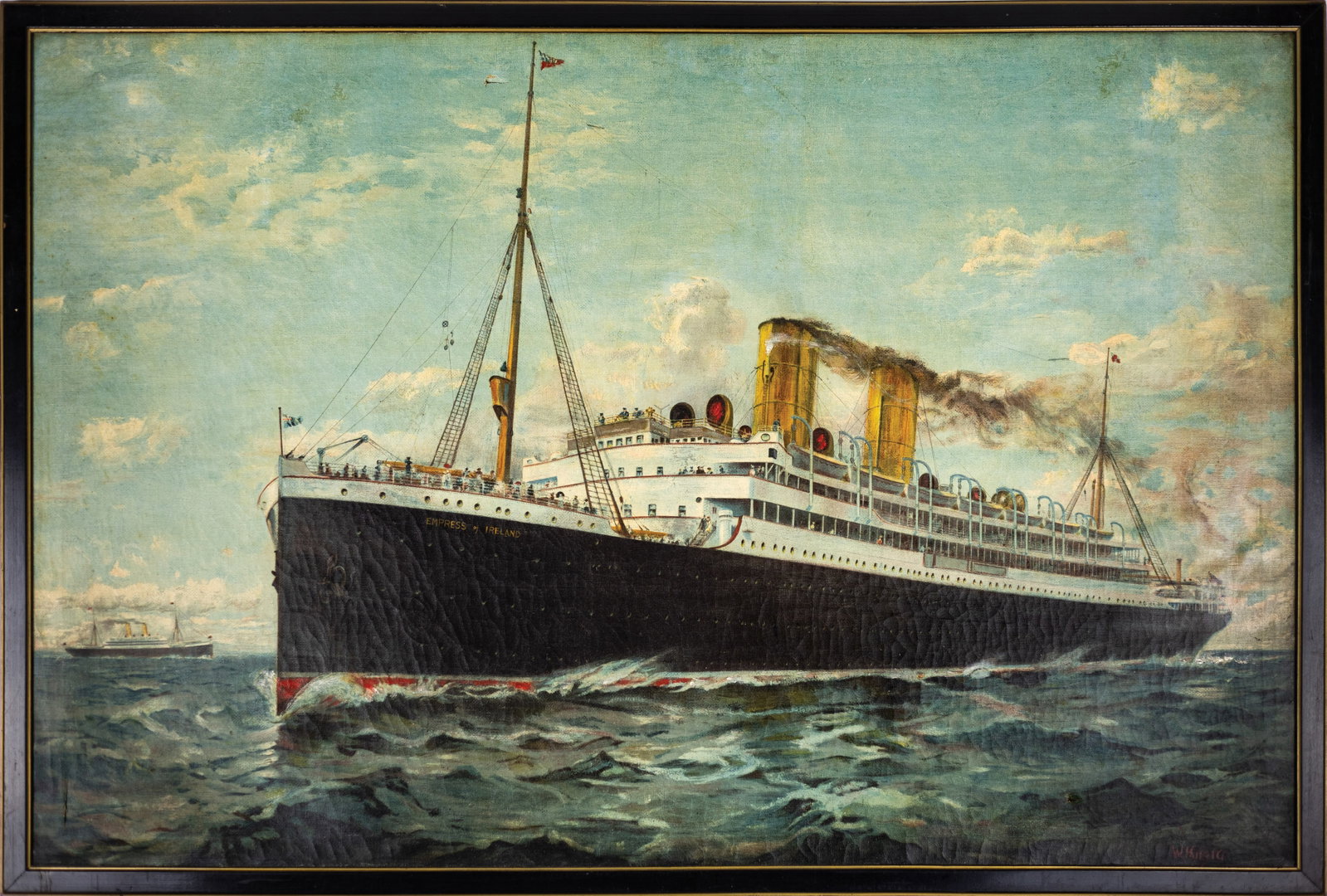 Kitzig Signed Oil of the RMS Empress of Britain & its sistership Empress of Ireland: KITZIG, W. (20th Century). RMS Empress of Britain on open waters, with sistership Empress of Ireland floating in the background, 20th Century. oil on canvas. Signed lower right "W. Kitzig". 26 3/4" x 