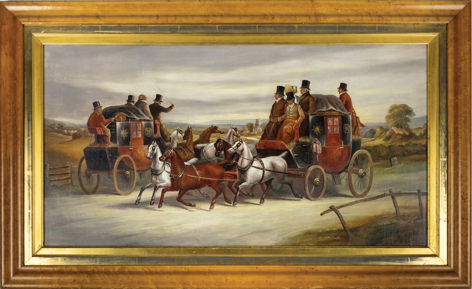 James Pollard Oil of The London to Oxford Coaches: POLLARD, James (British, 1792-1867). The London to Oxford Coaches at Mile Marker 24. Oil on canvas. Signed and dated lower right: "J. Pollard 1809". 17 1/4" x 32", 23 1/2" x 38" framed. Provenance: Th
