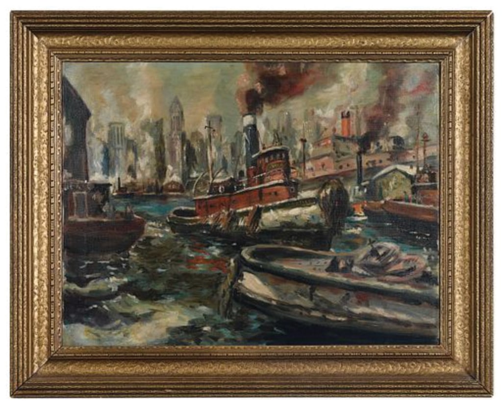 Signed Reginald Marsh Oil of Tugboats, New York Harbor - 1948 (1 of 1)