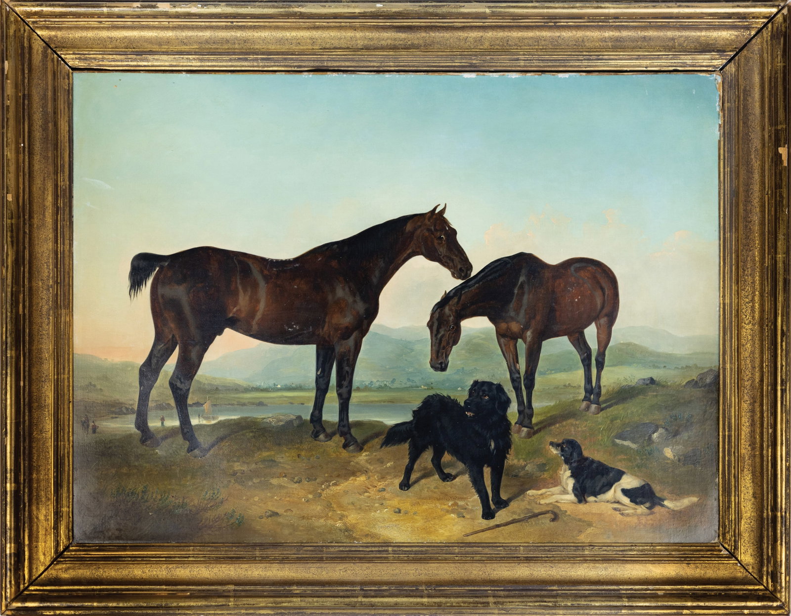 19th Century Equestrian Portraits with a pair of dogs: HENRY (19th Century). [Two Equestrian Portraits with a pair of dogs]. Oil on canvas. 29 1/2” x 21 1/2” canvas, 36 1/2” x 28 1/2” framed.