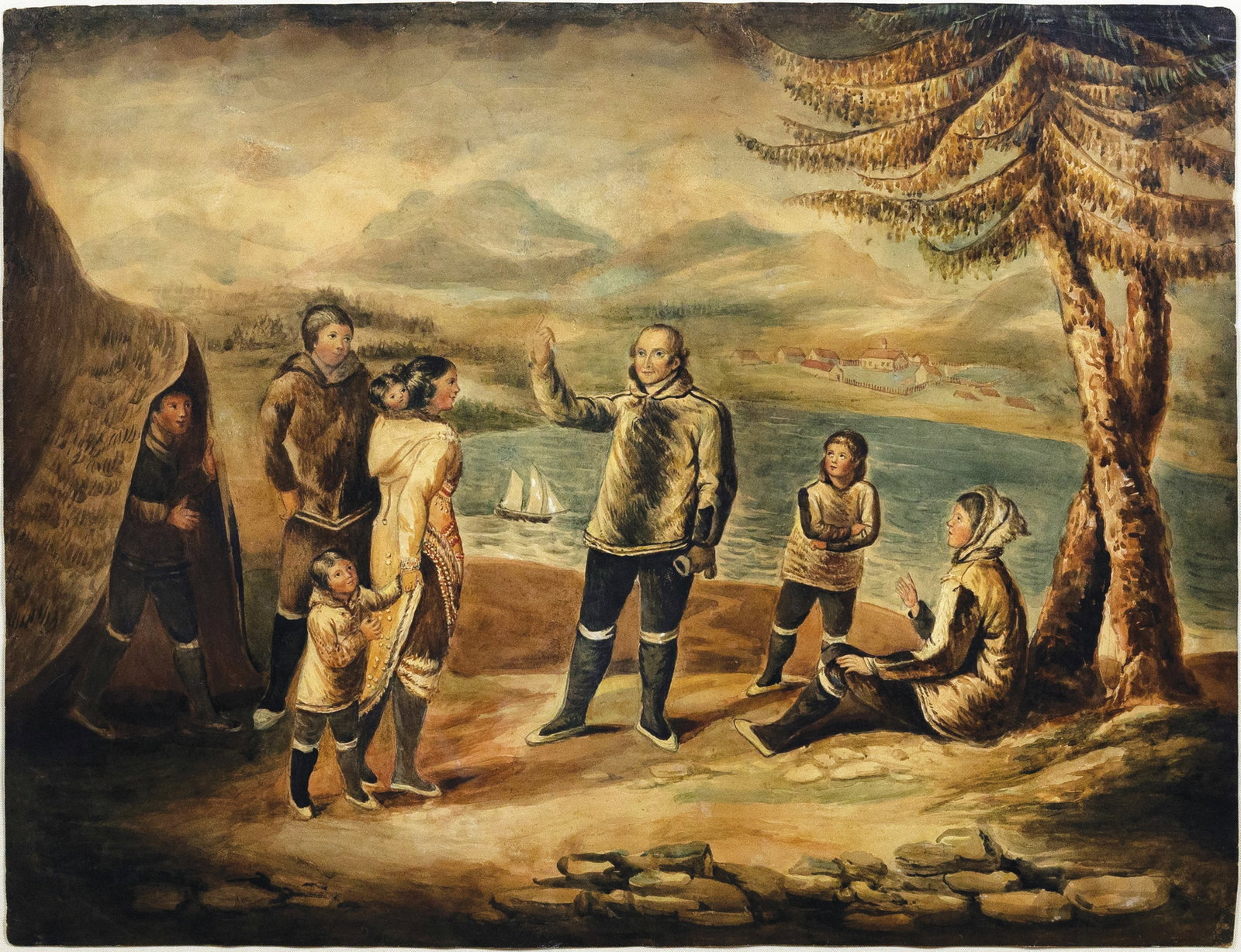 Original Watercolor showing Moravian Missionaries Meeting with the Inuit People in Canada: [Canada] A Moravian missionary meets with Inuit in the mid-1700s outside of Nain, Labrador. Watercolor on paper. Late 18th Century. 20 1/2" x 27" sheet. This image shows a nationally historic event fo
