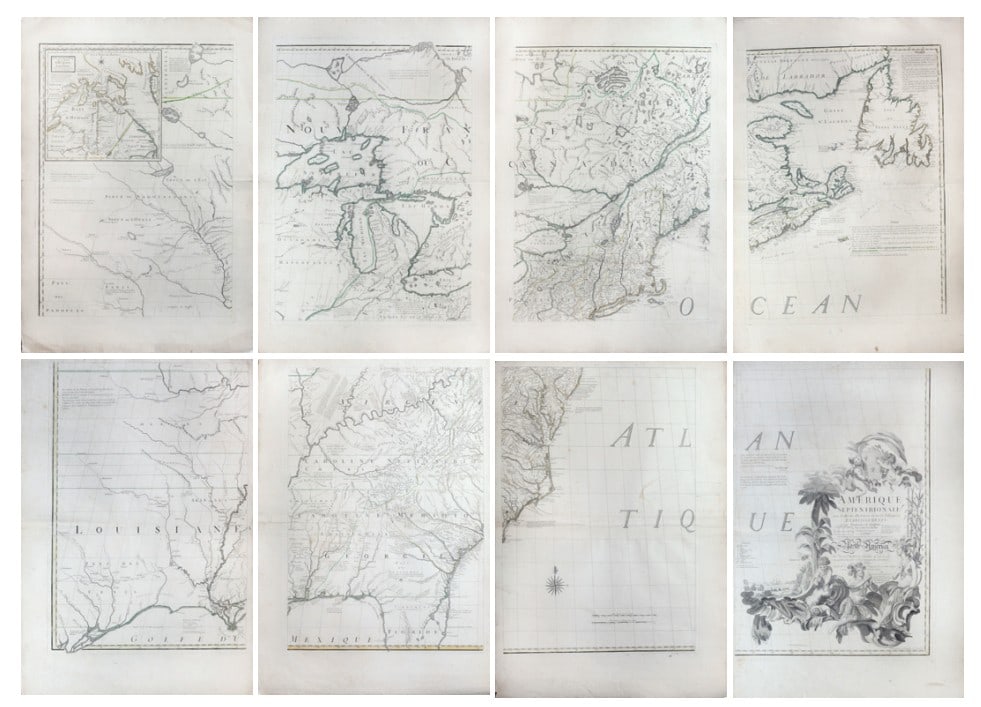 French Edition of the Mitchell Map by Le Rouge, Framed in 8 parts: LE ROUGE, Georges Louis (c.1707-1790), after MITCHELL, John (1711-1768). Amerique Septentrionale avec les routes distances en miles villages et establissments françois et anglois. Engraved map in 8 p