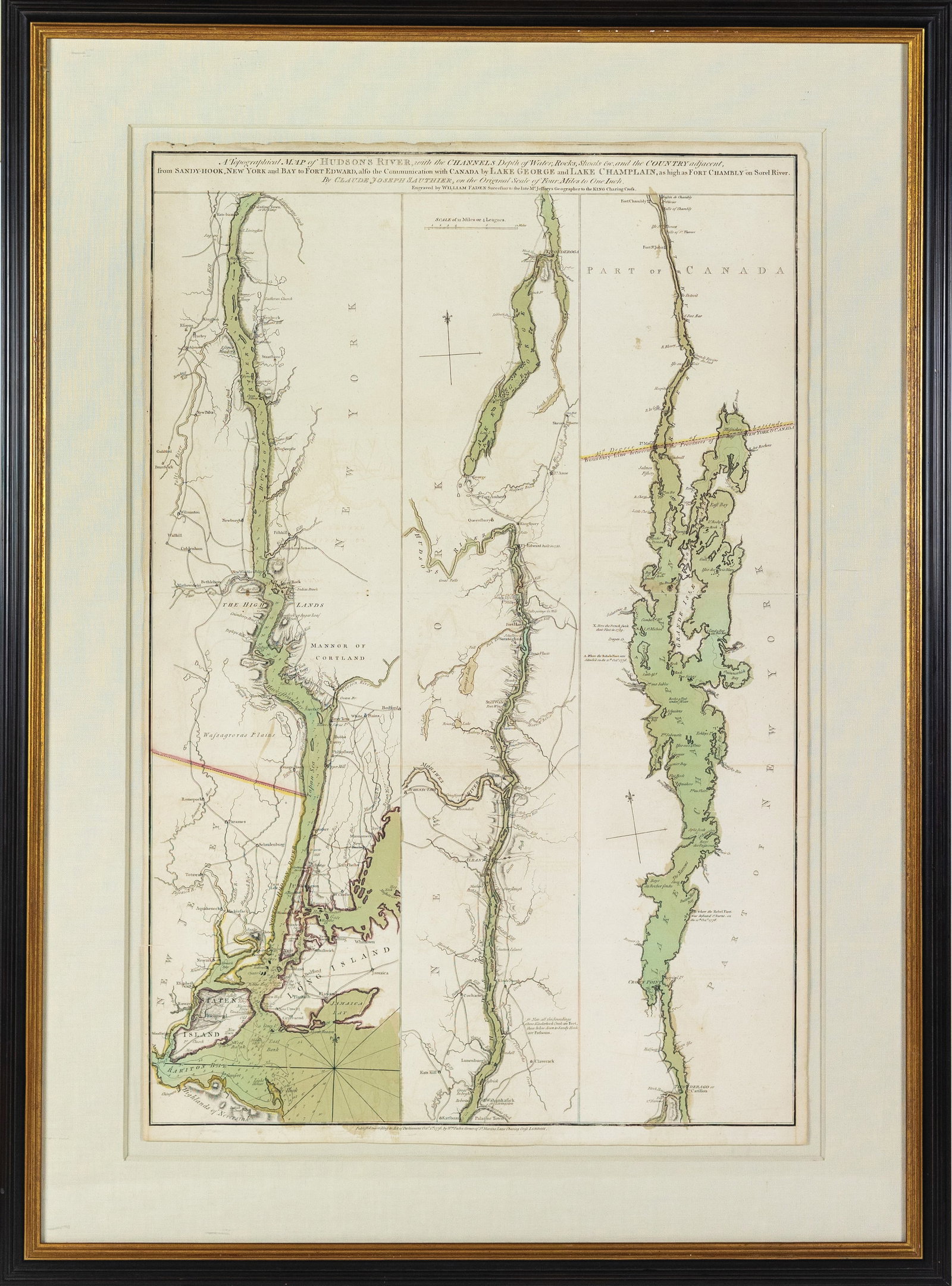 Sauthier's map of the course of the Hudson River with exceptional original color: SAUTHIER, Claude Joseph (1736-1802). A Topographical Map of Hudsons River, with the Channels Depth of Water, Rocks, Shoals, &c, and the Country Adjacent. Engraved map with exceptional original hand co