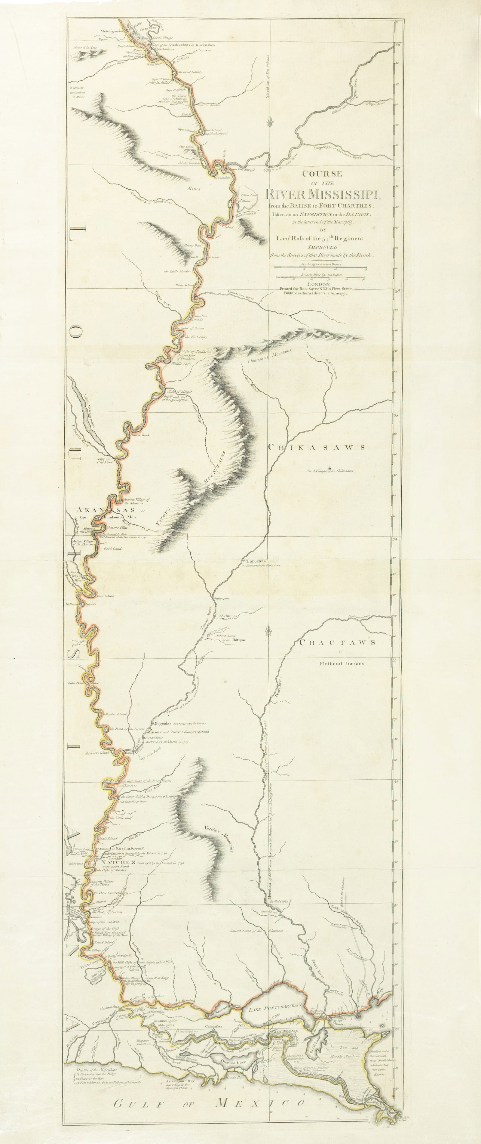Lt. John Ross Map of the Mississippi - The finest map of the Mississippi made during the: ROSS, Lieutenant John (1744-1809). Course of the Mississippi from the Balise to Fort Chartres; taken on an Expedition to the Illinois in the latter end of the year, 1765. Engraved map with original ha