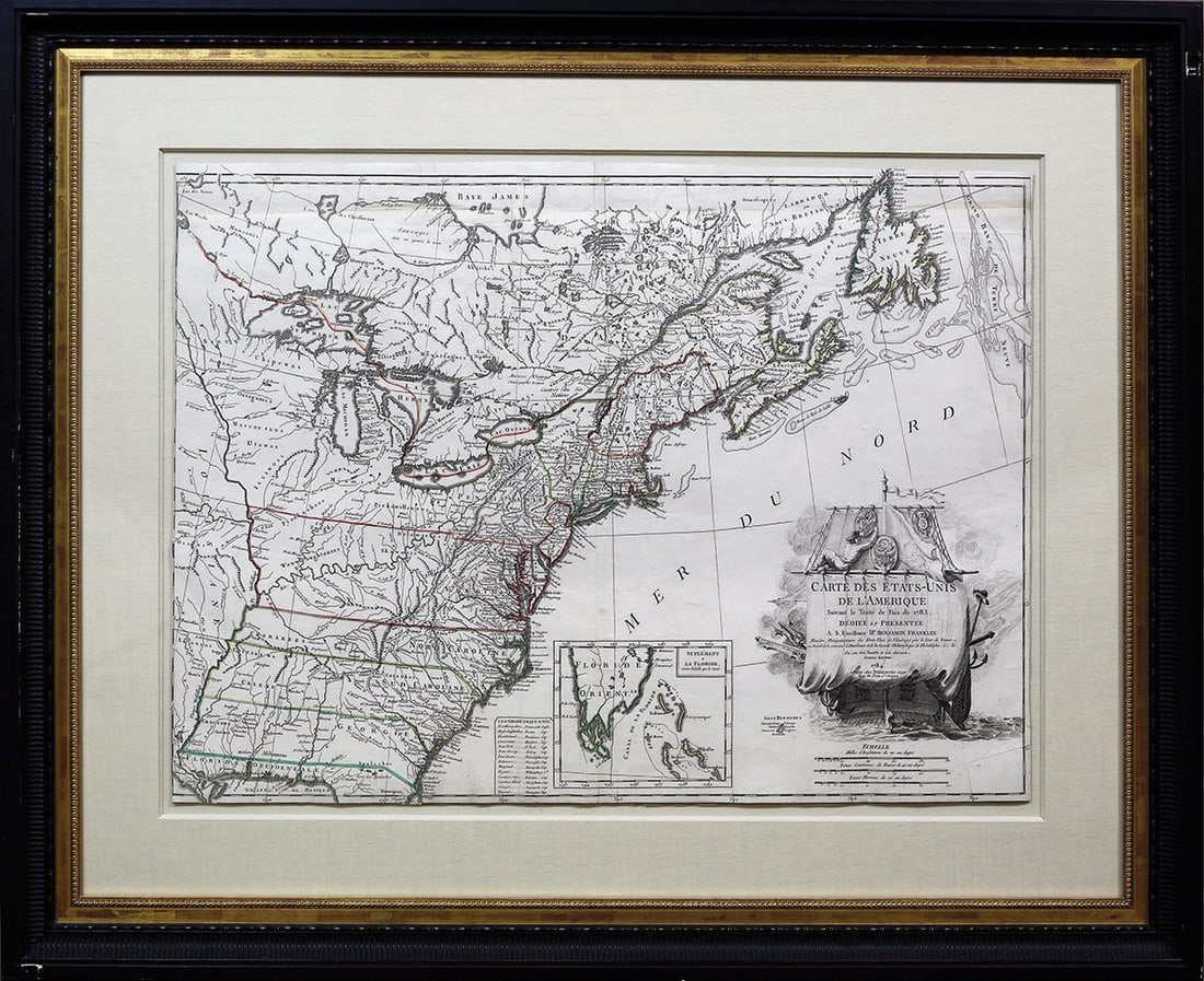Lattre Map of the United States, 1792 - The first map of the United States published after the: LATTRE, Jean (fl. 1743-1793). Carte des Etats-Unis de l'Amerique... Engraved map with original hand color in outline. Paris: Delamarche, 1784 (c. 1792, State 3). 24 3/4" x 29 1/2" sheet, 33" x 40 1/2"
