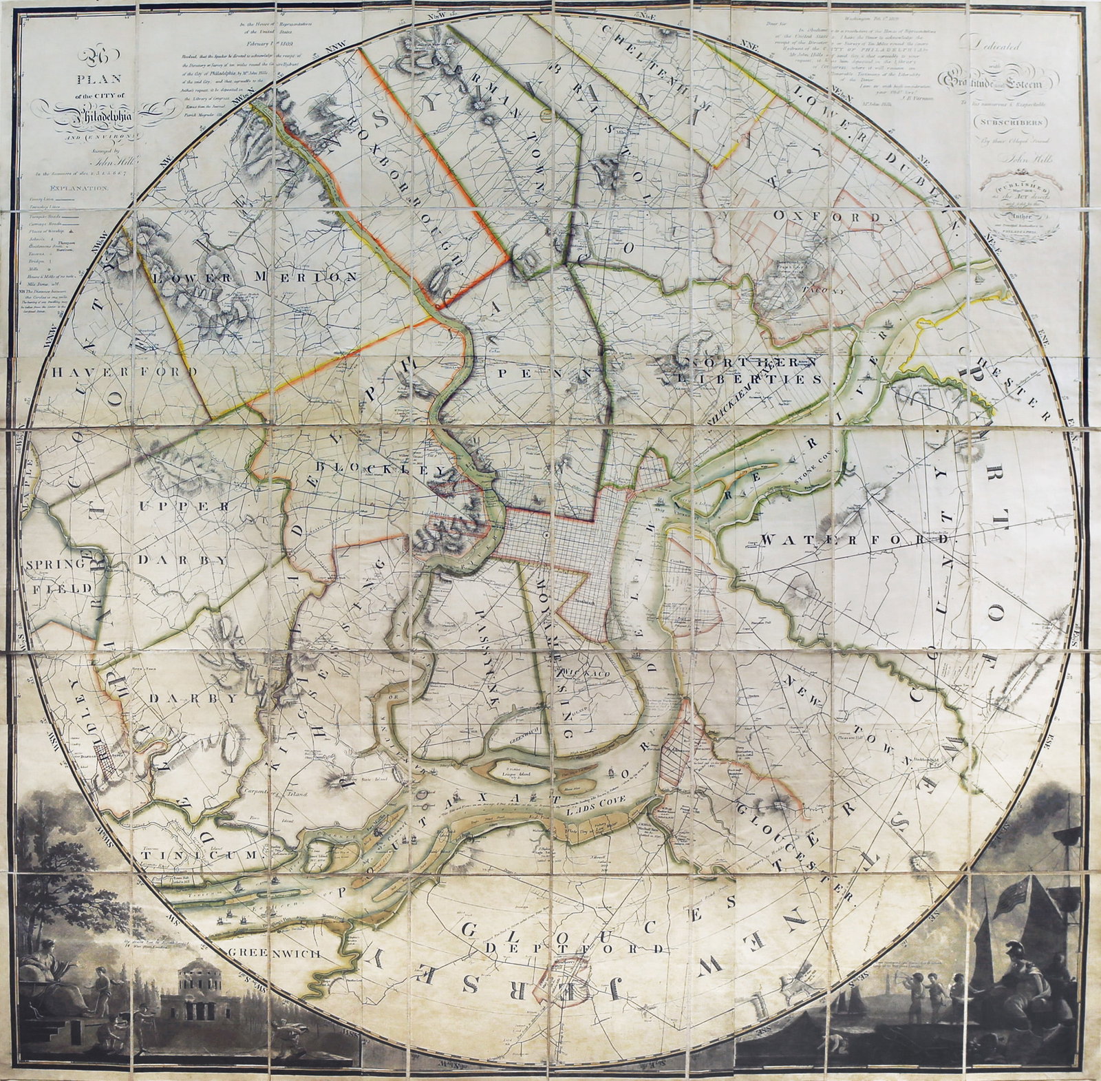Hills' Very rare, circular wall map of Philadelphia - Showing Philadelphia at the height of its: HILLS, John [Surveyor], KNEASS, William (1780-1840) [Engraver], VARNUM, Joseph Bradley (1751-1821 ) [Publisher]. Plan of the city of Philadelphia and environs. Engraved map with original hand color, l