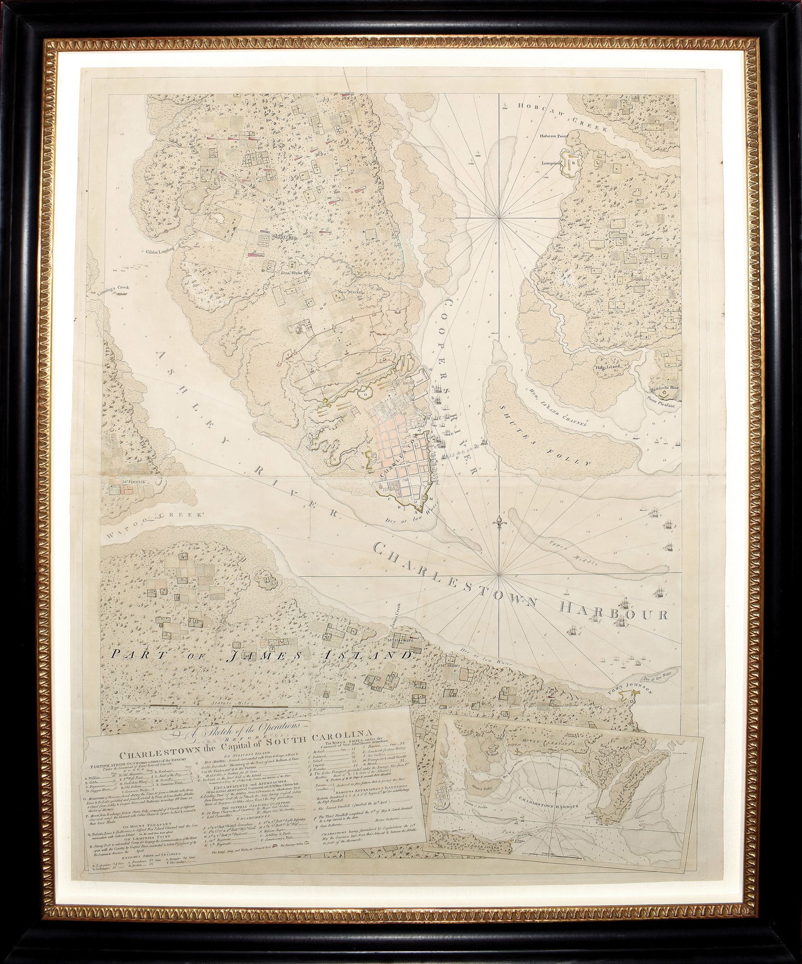Des Barres Exceedingly Rare Map of Charlestown South Carolina during the Revolutionary War: DES BARRES, Joseph Frederick Wallet (1721-1824). A Sketch of the Operations Before Charlestown the Capital of South Carolina. Engraving with original hand color. from The Atlantic Neptune, c. 1780. 42