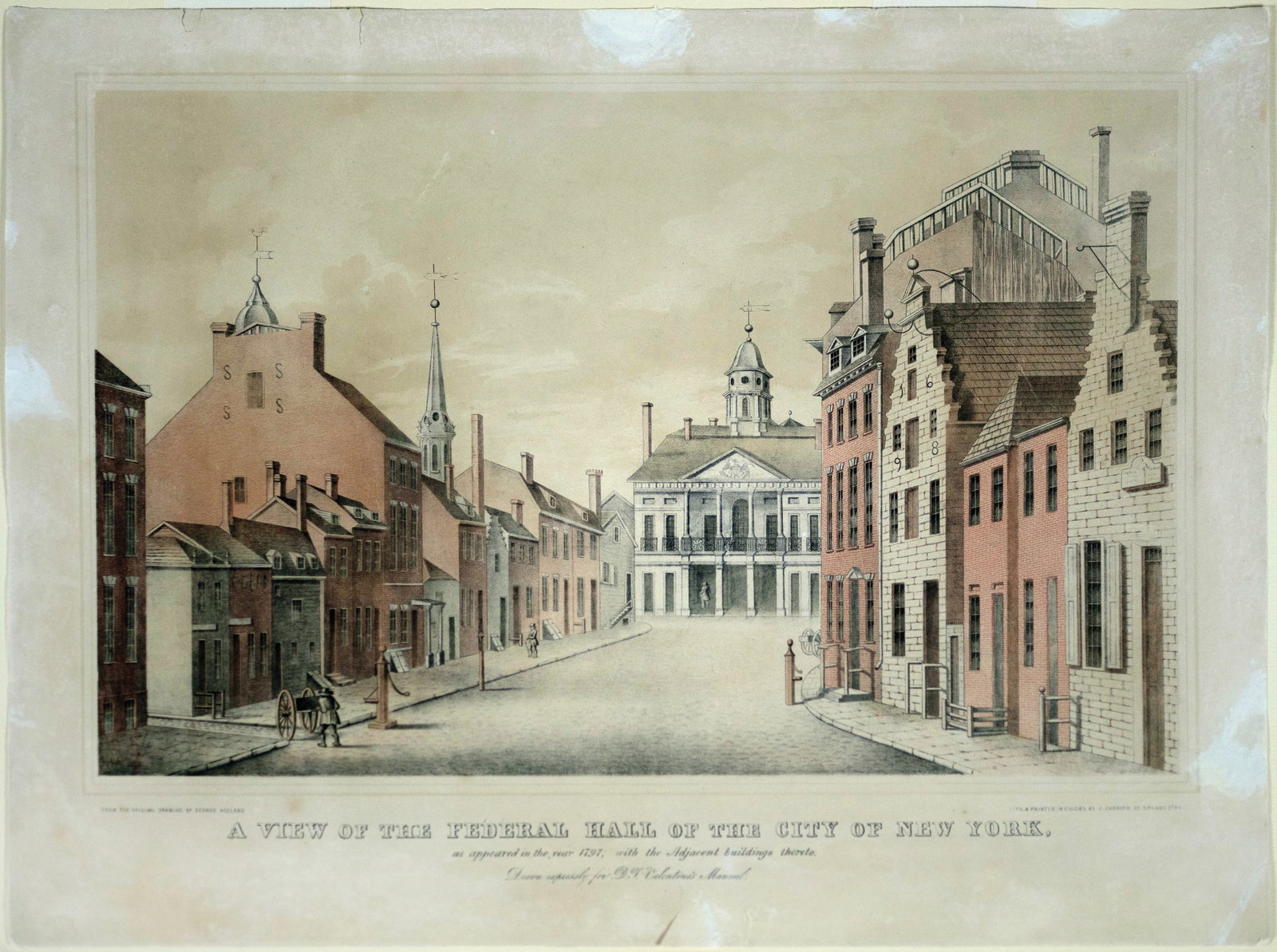 Currier Lithograph of Federal Hall of the City of New York: CURRIER, Charles (19th c.), after drawing by George Holland. A View of the Federal Hall of the City of New York, as appeared in the year 1797; with the Adjacent buildings thereto. Lithograph with orig