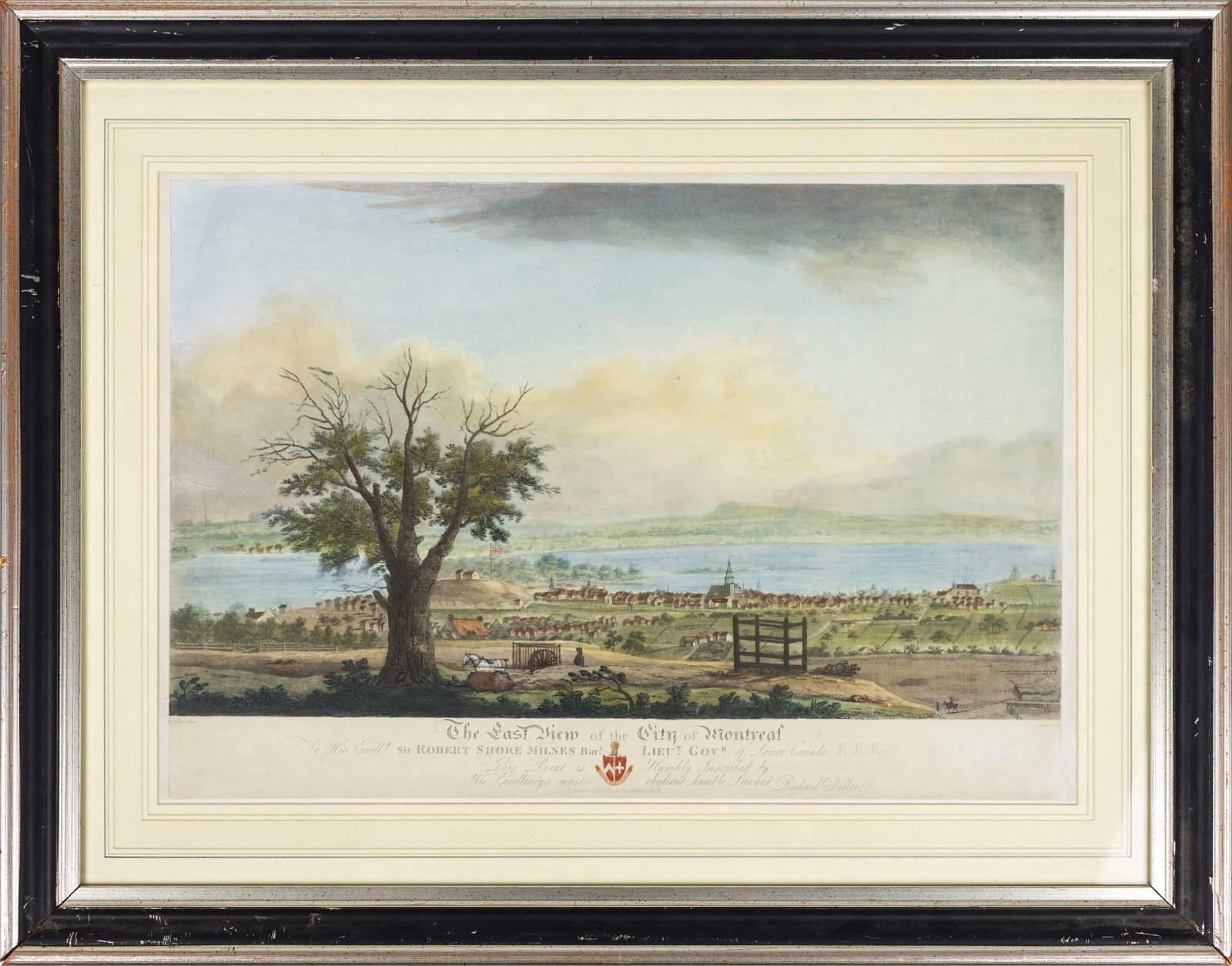 Richard Dillon Aquatint of The East View of the City of Montreal 1803: DILLON, Richard (18th Century), after. The East View of the City of Montreal. Aquatint engraving with original hand color. London: Samuel Alken, 1803. 14" x 20 1/4" visible, 21" x 27" framed.