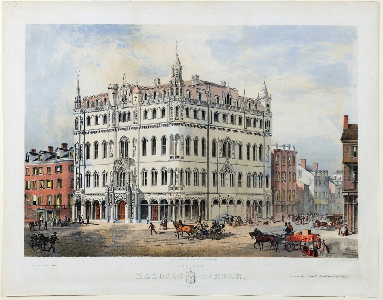 Merrill G. Wheelock Lithograph of The New Masonic Temple, Boston: WHEELOCK, Merrill G. (1822–1866), after [Architect]. The New Masonic Temple, Boston. Lithograph with original hand color. Boston: Bufford, 1865. 21 3/4" x 27 3/4" sheet. RARE LITHOGRAPH OF BOSTON'S 