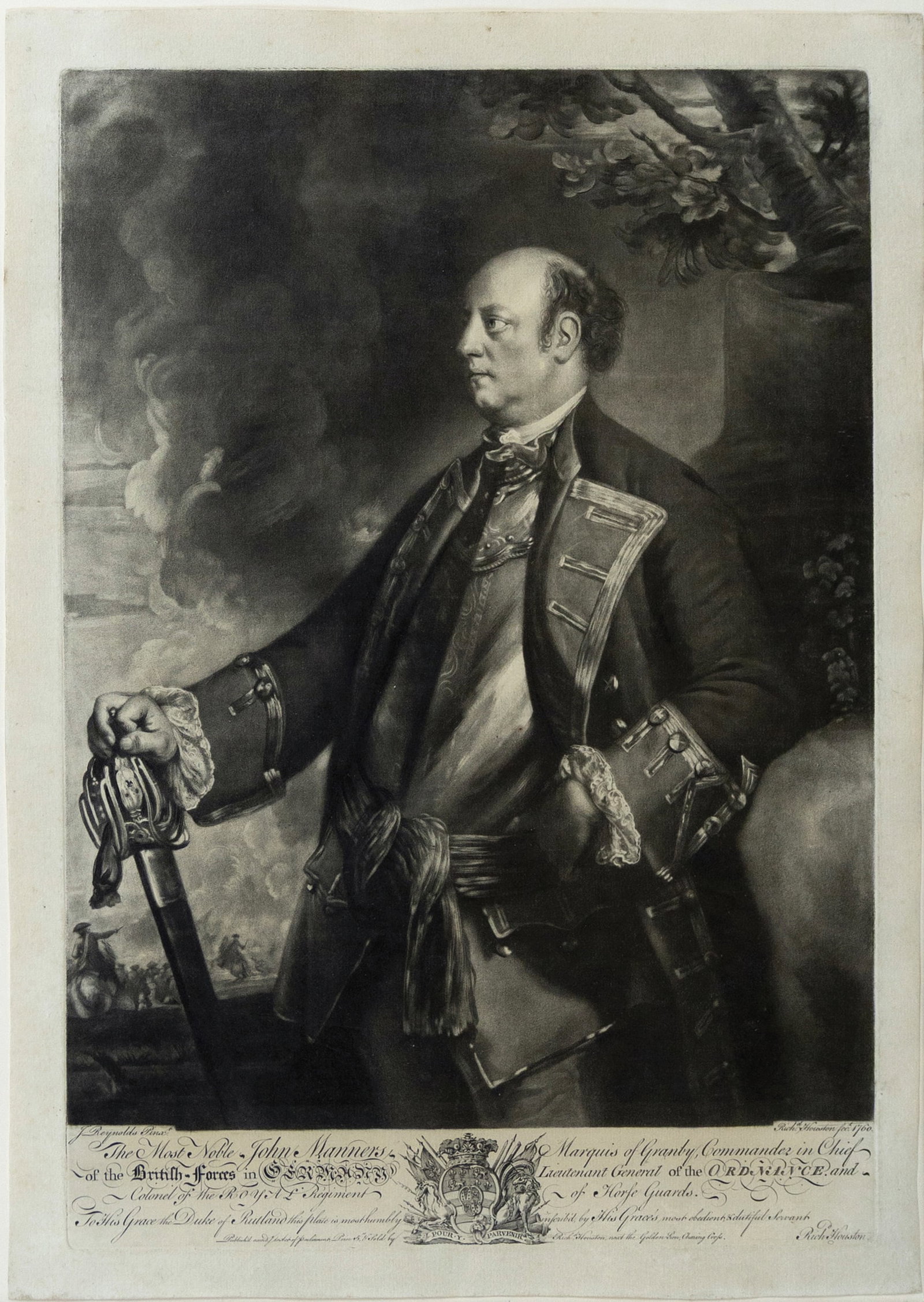 Richard Houston Mezzotint of John Manners, Marquess of Granby - Hero of the Seven Years War: HOUSTON, Richard ((1721-1775) ), after Joshua Reynolds. John Manners, Marquess of Granby. Mezzotint. c. 1760. 16 3/4" x 12 1/2" sheet. Portrait after Reynolds, standing almost three-quarter length, in