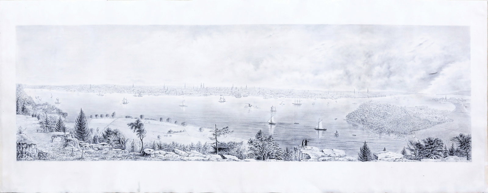 Frederick W. Billing Drawing of a Panoramic View of New York City from New Jersey 1856: BILLING, Frederick William (1835-1914). Panoramic View of New York City from New Jersey. Graphite Drawing on wove paper. Signed and dated lower right: "F. W. Billing, 1856". 19 1/4" x 48 1/2" sheet, 2