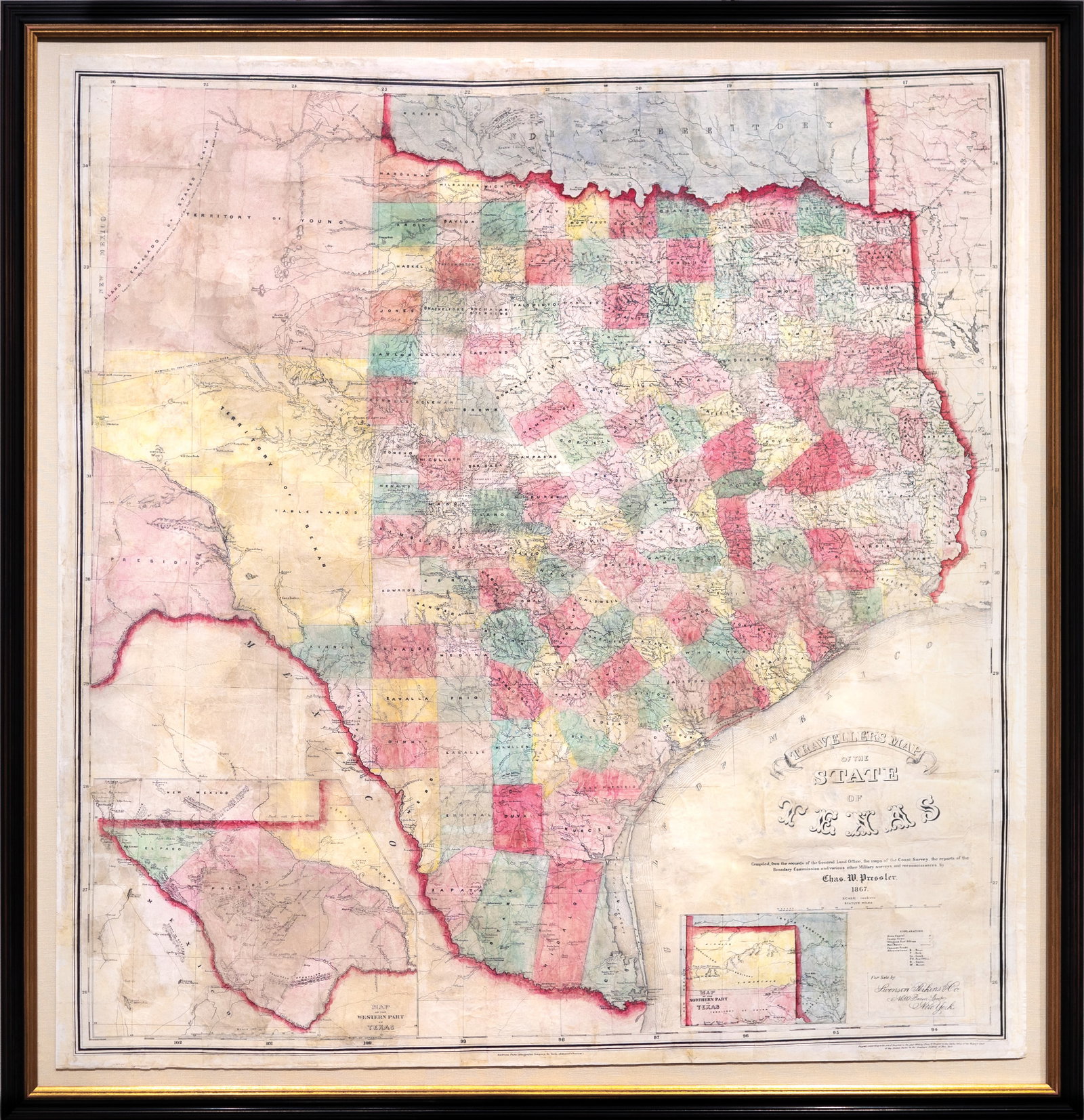 Charles W. Pressler Lithographed Traveller's Map of the State of Texas, 1867 (1 of 1)