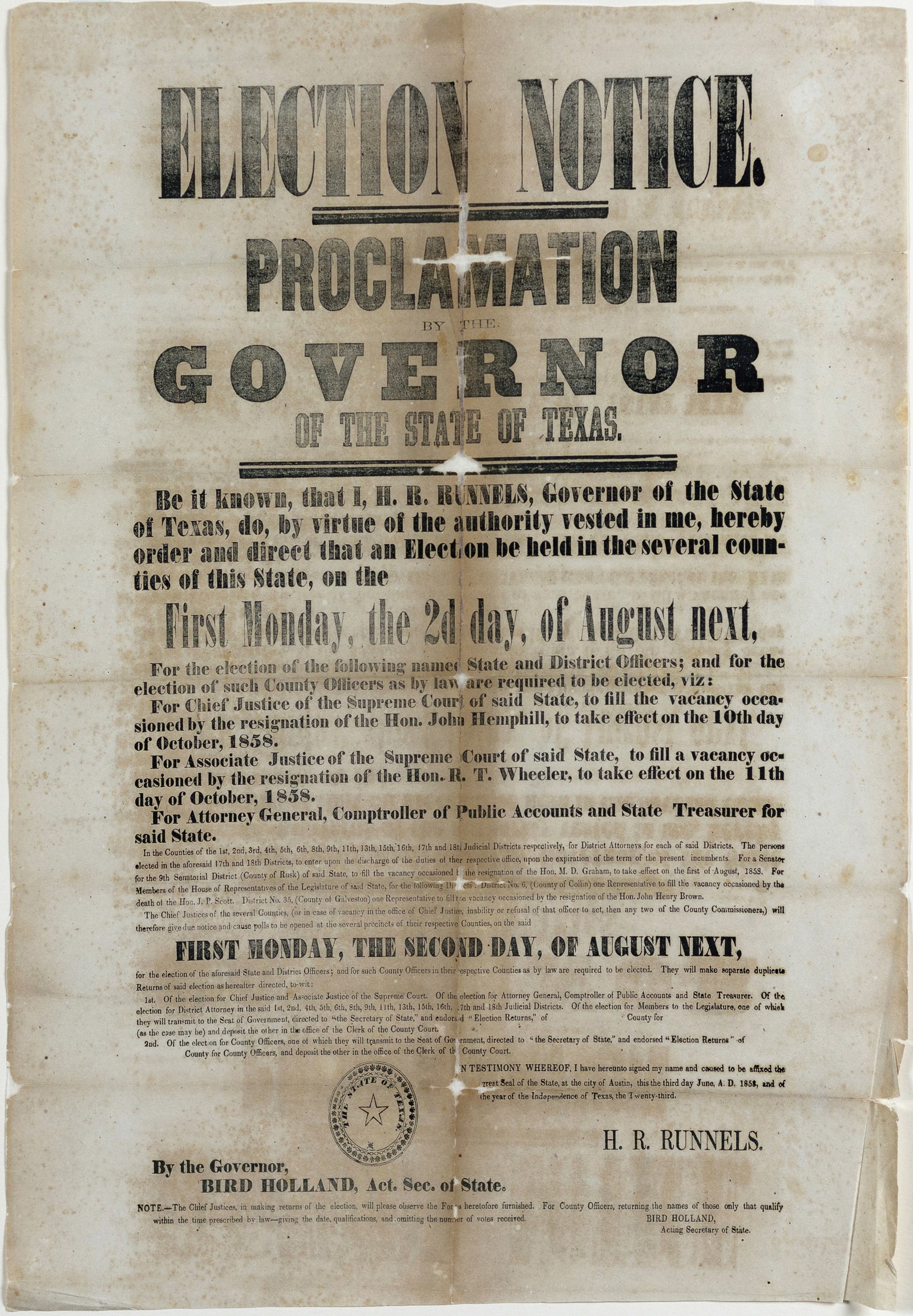 Runnels Texas State Election Notice Broadside - 1858 (1 of 1)
