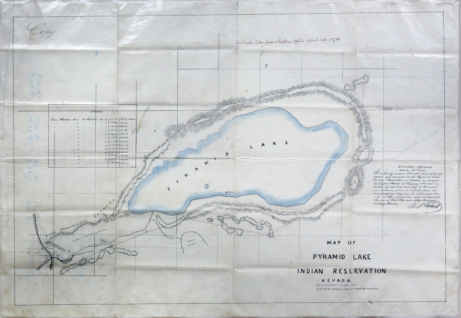 Monroe Manuscript Map of Pyramid Lake Indian Reservation, Nevada - Giving Land to the Utah Utes: MONROE, Eugene (Surveyor). Map of Pyramid Lake Indian Reservation, Nevada. Manuscript map in pen and ink with original hand color. Nevada, c. 1874 (surveyed in 1865). 23" x 33 1/2" sheet, 32 1/2" x 43