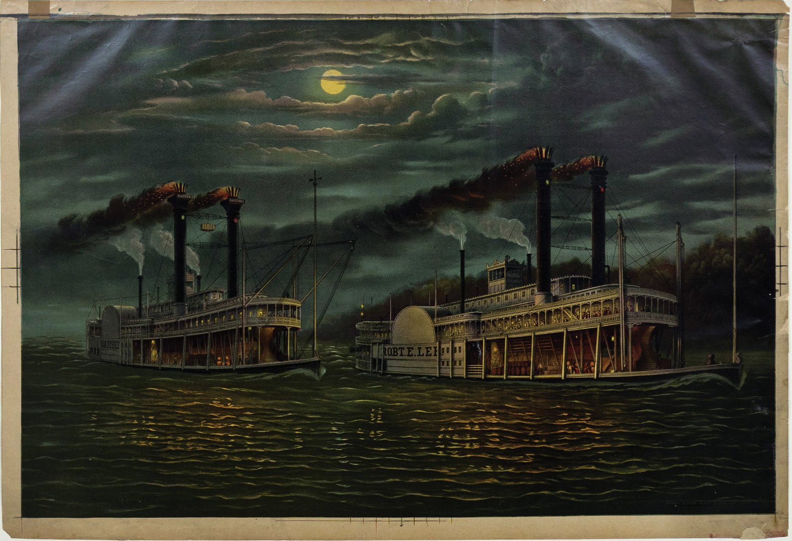 Donaldson Art Sign Chromolithograph - Nighttime Race on the Mississippi - The Golden Age of: Donaldson Art Sign Co. (19th Century). Night-time Race Between Paddlewheelers Natchez and the Robert E. Lee. Chromolithograph with framing lines. Cincinnati: Donaldson Art Sign Co., c. 1870. 21 3/4" x