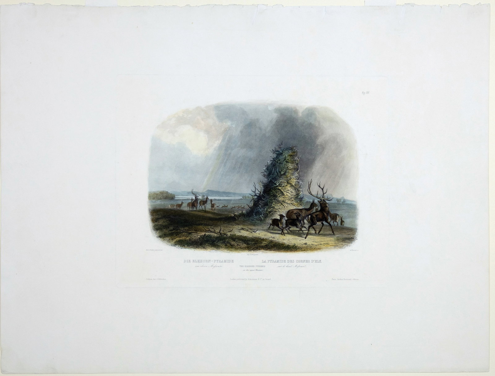 Karl Bodmer Vignette Aquatint, The Elkhorn Pyramid on the Upper Missouri River: BODMER, Karl (1809-1893). The Elkhorn Pyramid on the Upper Missouri, Vig. XXI (State 1). Aquatint with original hand color. With Blindstamp. From "Travels in the Interior of North America". J. Holsche