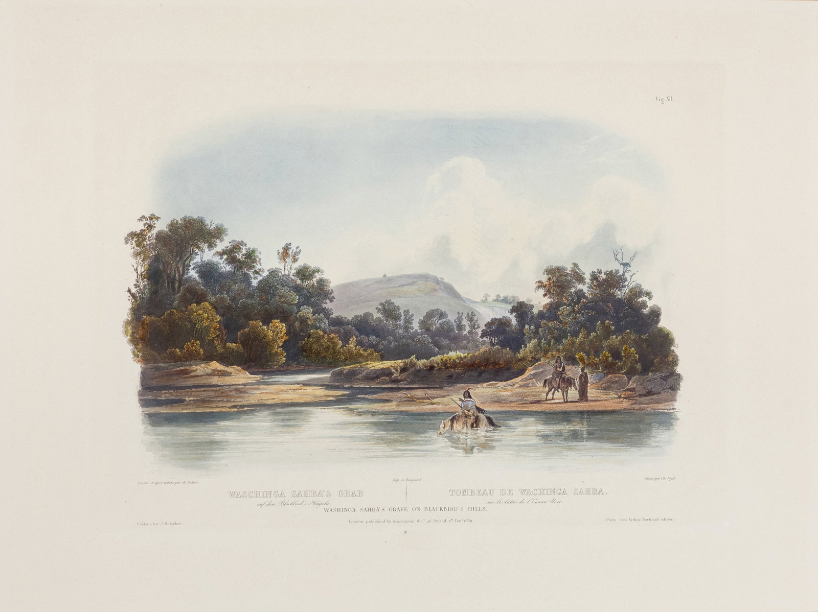 Karl Bodmer Vignette Aquatint, Washinga Sahba's Grave on Blackbird's Hills: BODMER, Karl (1809-1893). Washinga Sahba's Grave on Blackbird's Hills, Vig. XII (State 3). Aquatint with original hand color. With Blindstamp. From "Travels in the Interior of North America". J. Holsc