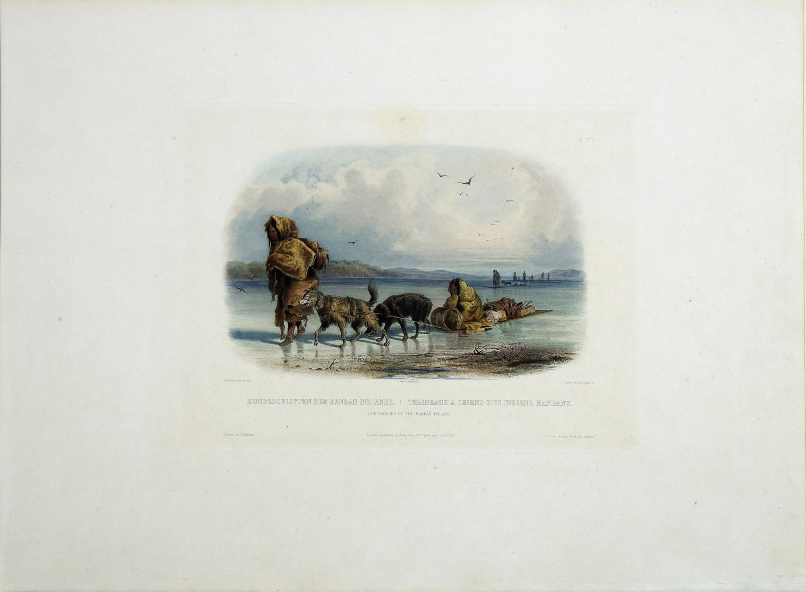 Karl Bodmer Vignette Aquatint, Dog-Sledges of the Mandan Indians: BODMER, Karl (1809-1893). Dog-Sledges of the Mandan Indians, Vig. XXIX. Aquatint with original hand color. With Blindstamp. From "Travels in the Interior of North America". J. Holscher, Coblenz; Bertr