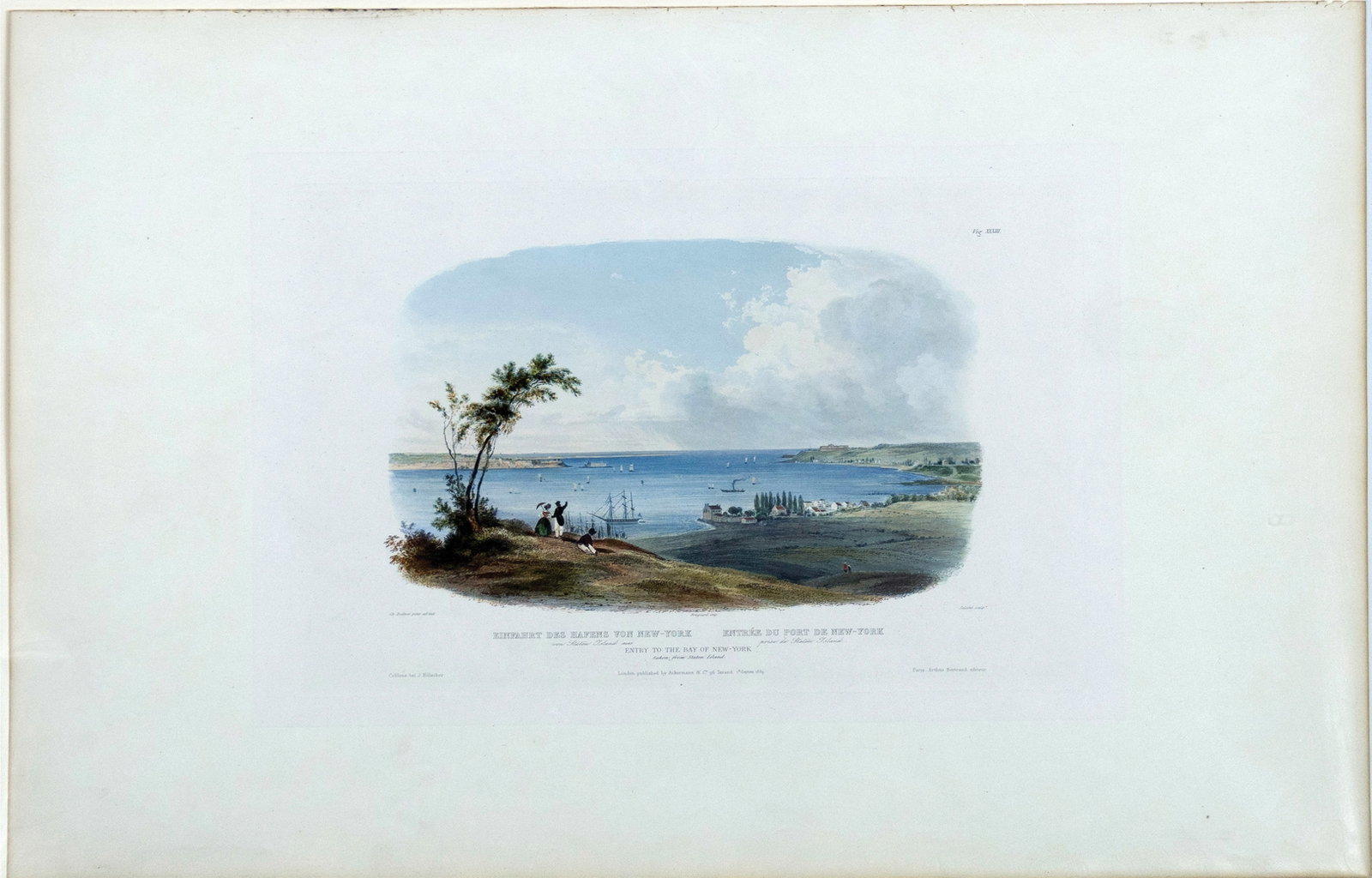 Karl Bodmer Vignette Aquatint, Entry to the Bay of New-York taken from Staten Island: BODMER, Karl (1809-1893). Entry to the Bay of New-York taken from Staten Island, Vig. XXXIII. Aquatint engraving with original hand color. From "Travels in the Interior of North America". J. Holscher,